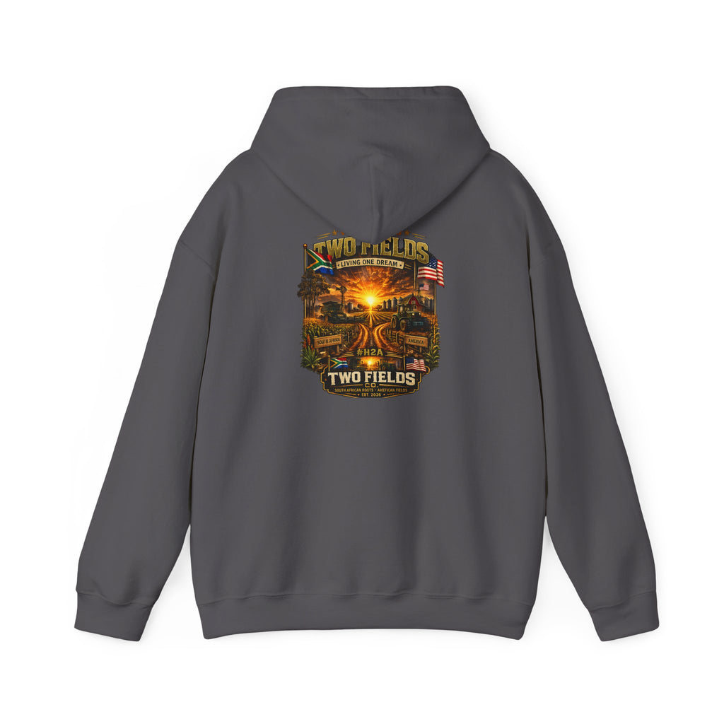 Gray pullover hoodie with front pocket and hood; back square scenic farm sunset graphic