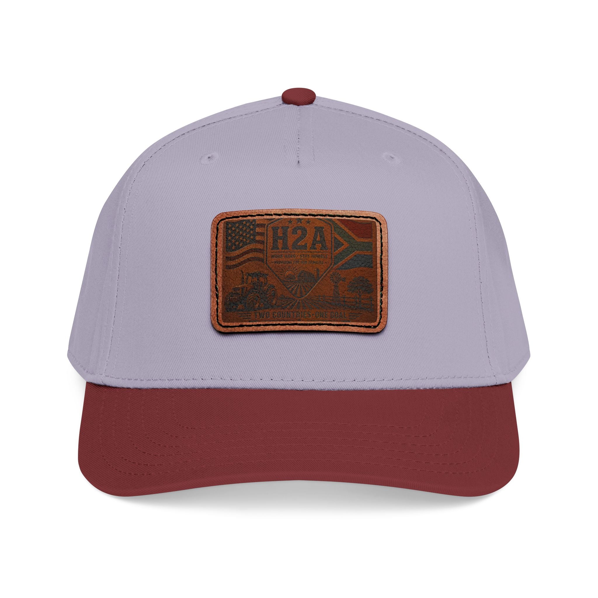 Light gray baseball cap with maroon/red brim and rectangular H2A flag leather patch on front