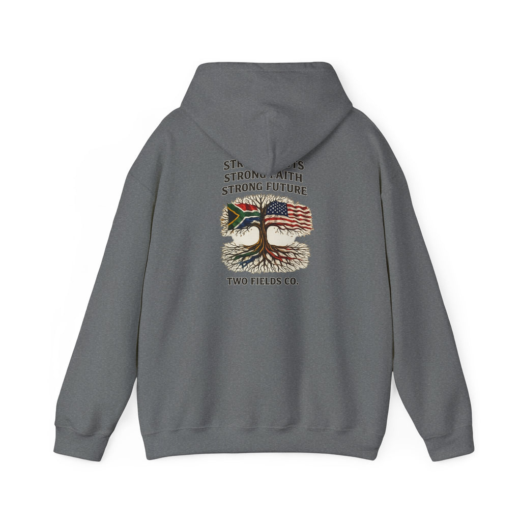 Charcoal gray hoodie with back graphic print, drawstring hood, and ribbed cuffs