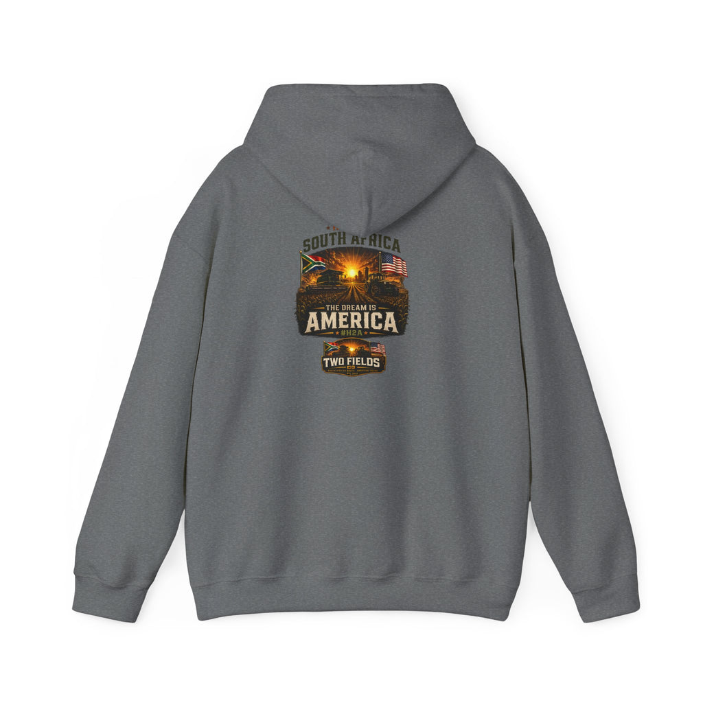 Charcoal heather hoodie with kangaroo pocket and “South Africa America Two Fields” graphic.