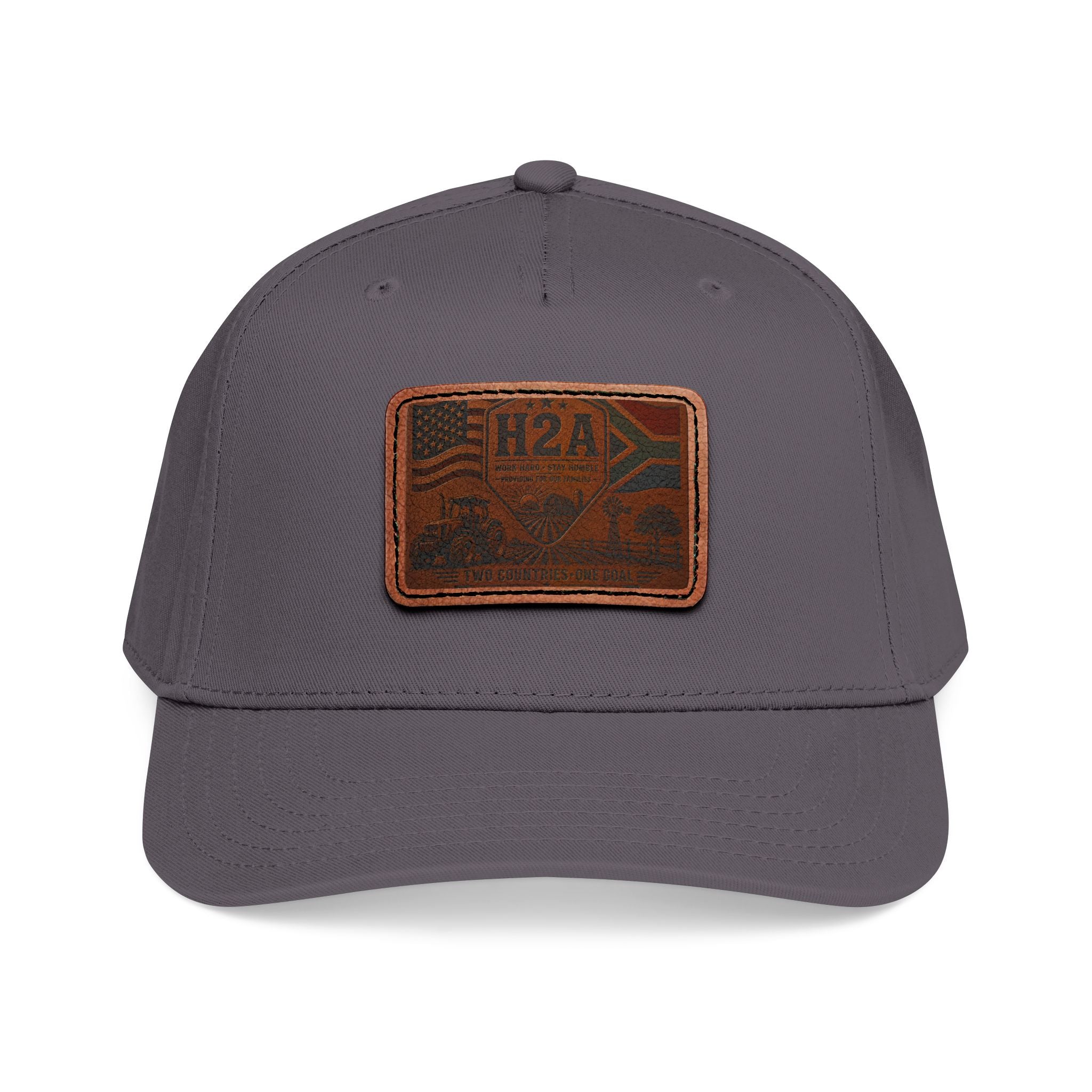 Gray baseball cap with rectangular leather H2A flag patch and matching brim