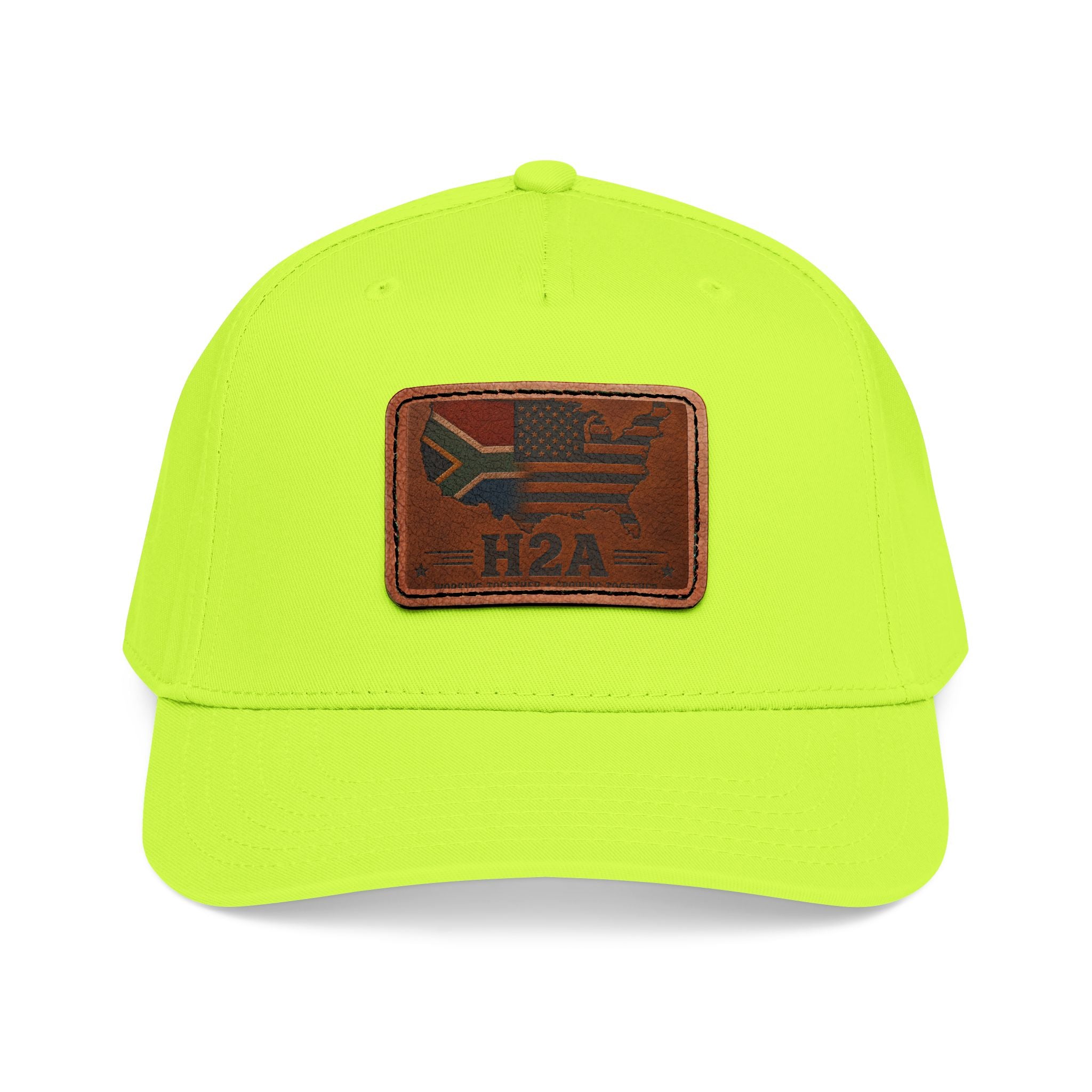 Neon green baseball cap with rectangular leather patch and H2A flag design