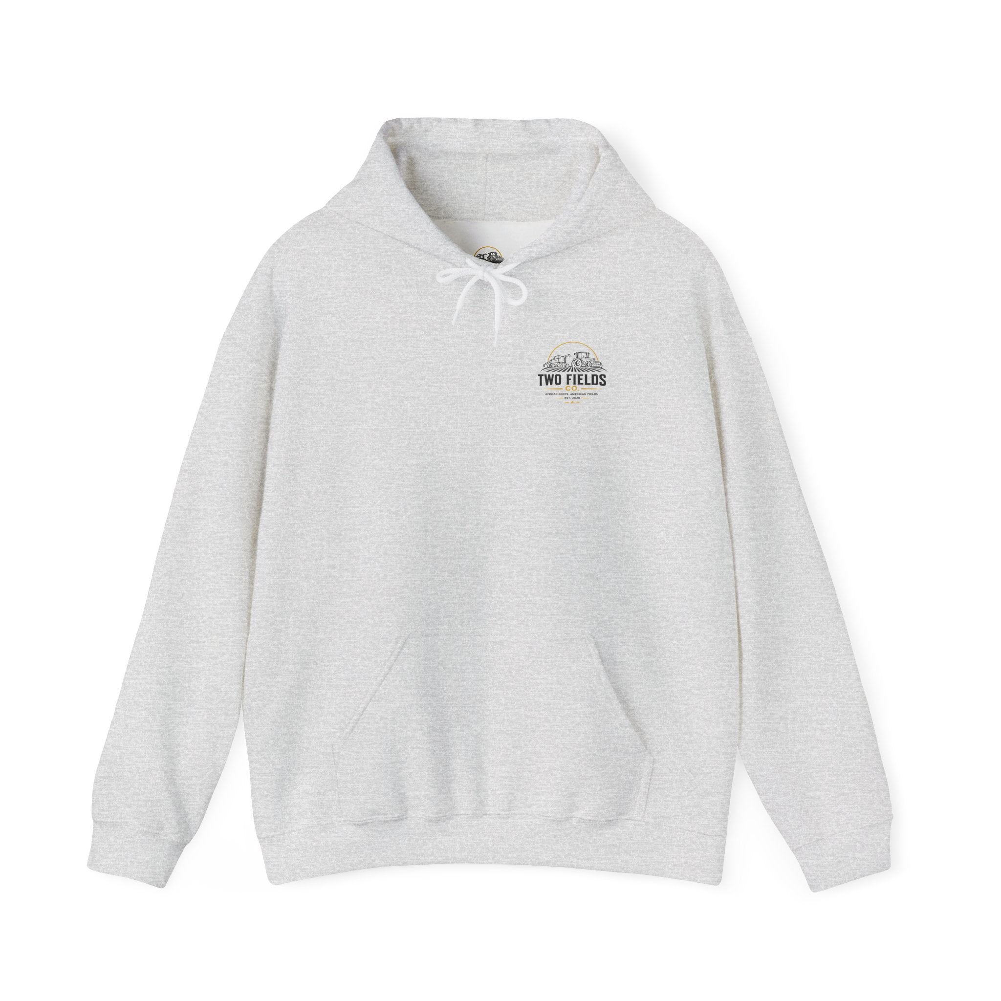 Light gray graphic hoodie with hood and drawstrings, front pouch pocket, small chest logo
