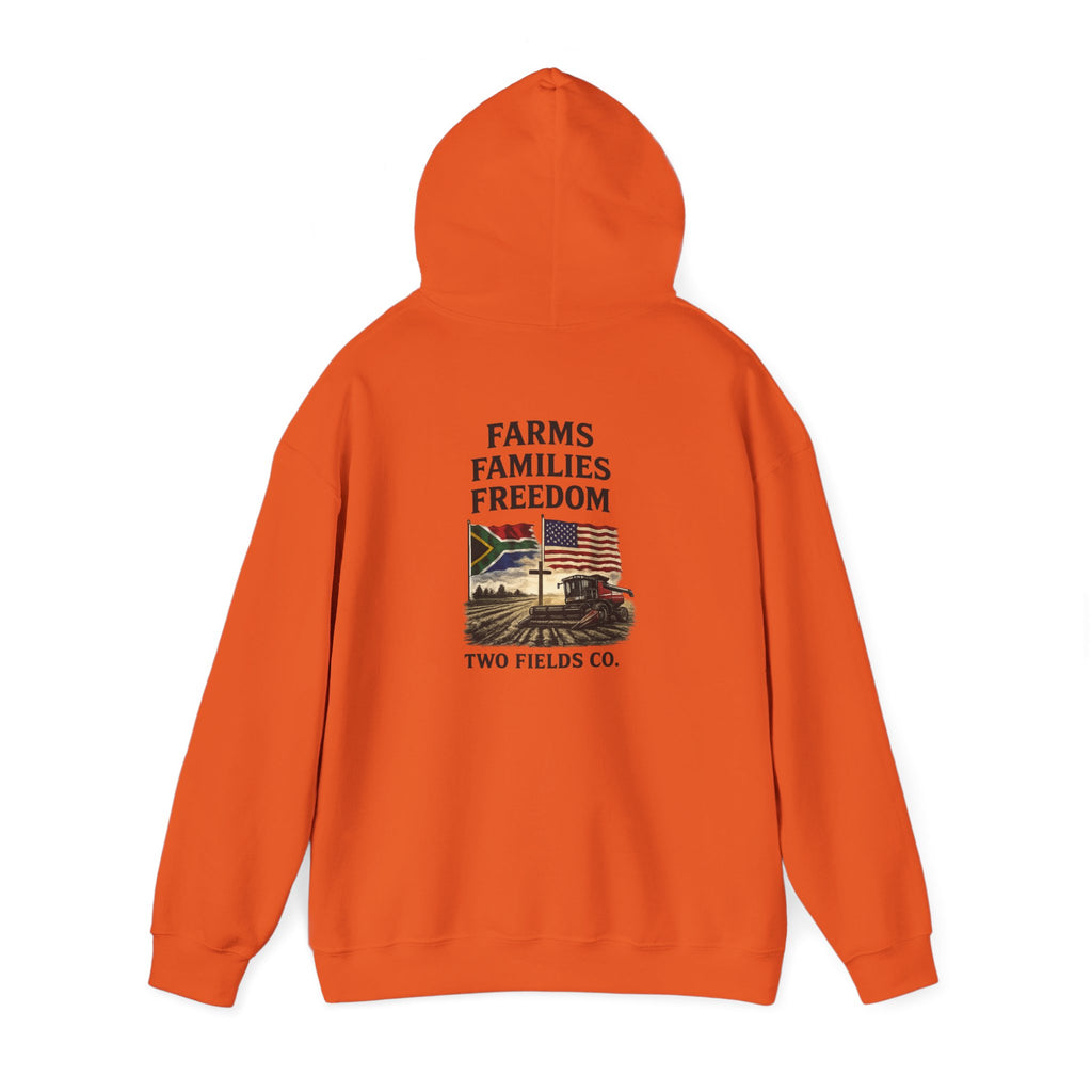 Orange pullover hoodie with drawstring hood and back Freedom graphic print