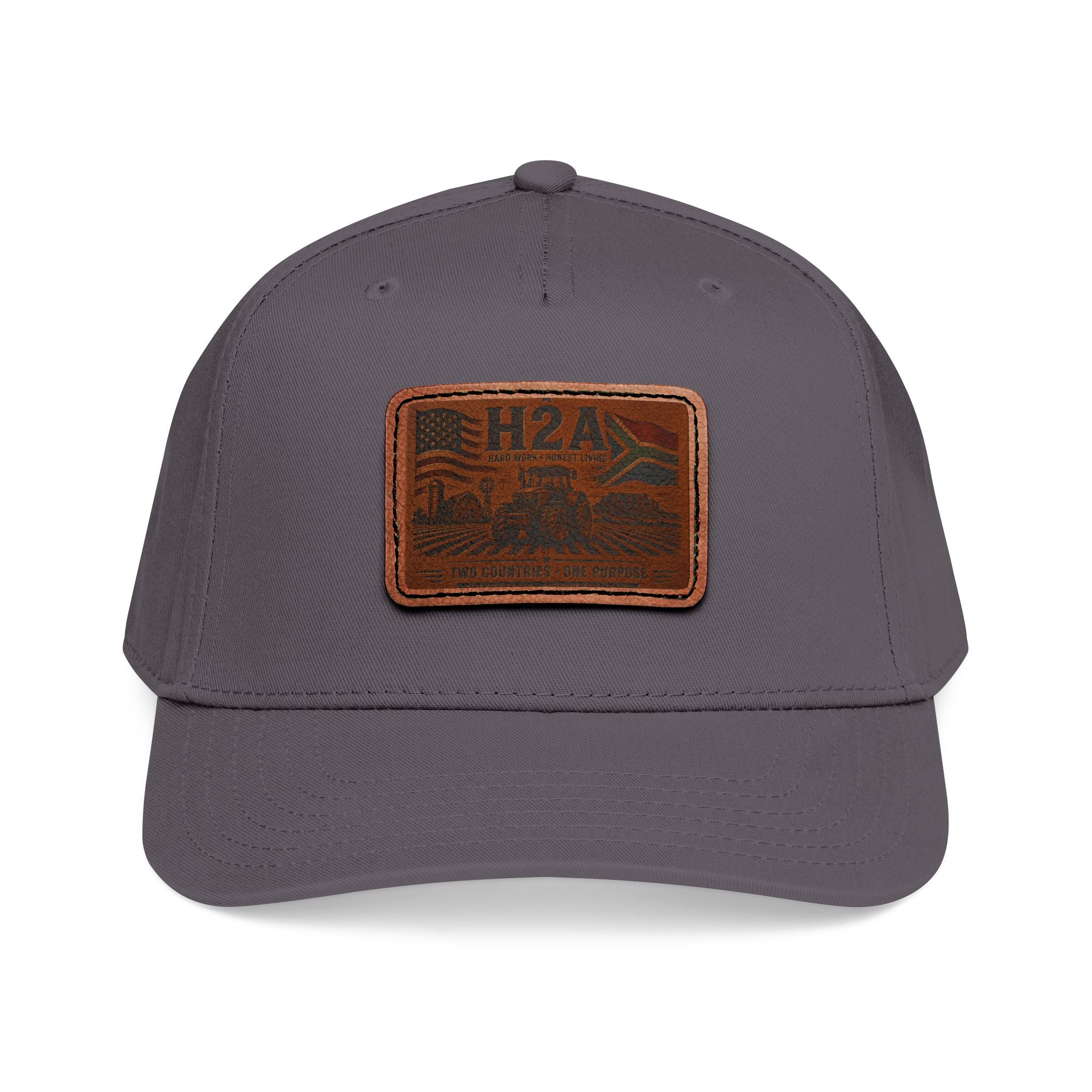 Leather patch baseball cap in grey, rectangle H2A logo patch