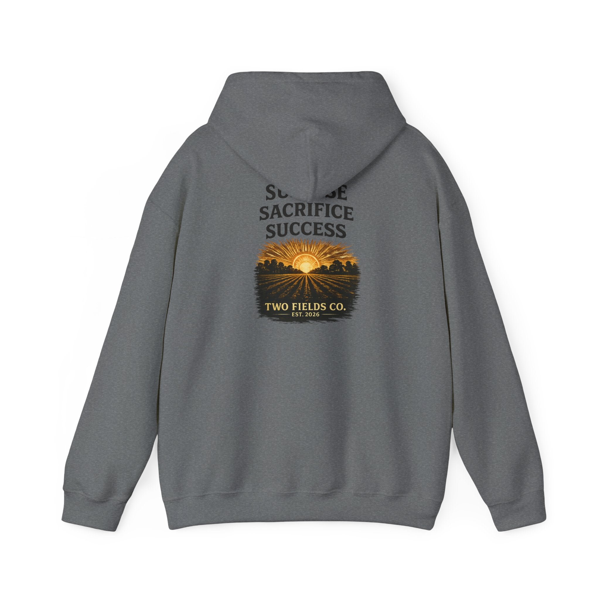 Heather gray hooded sweatshirt with back graphic text “SACRIFICE SUCCESS”