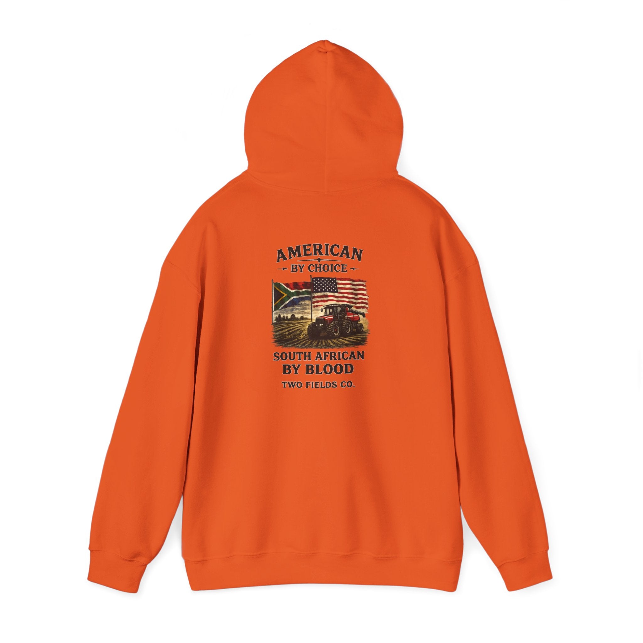 Orange pullover hoodie with front graphic and drawstring hood