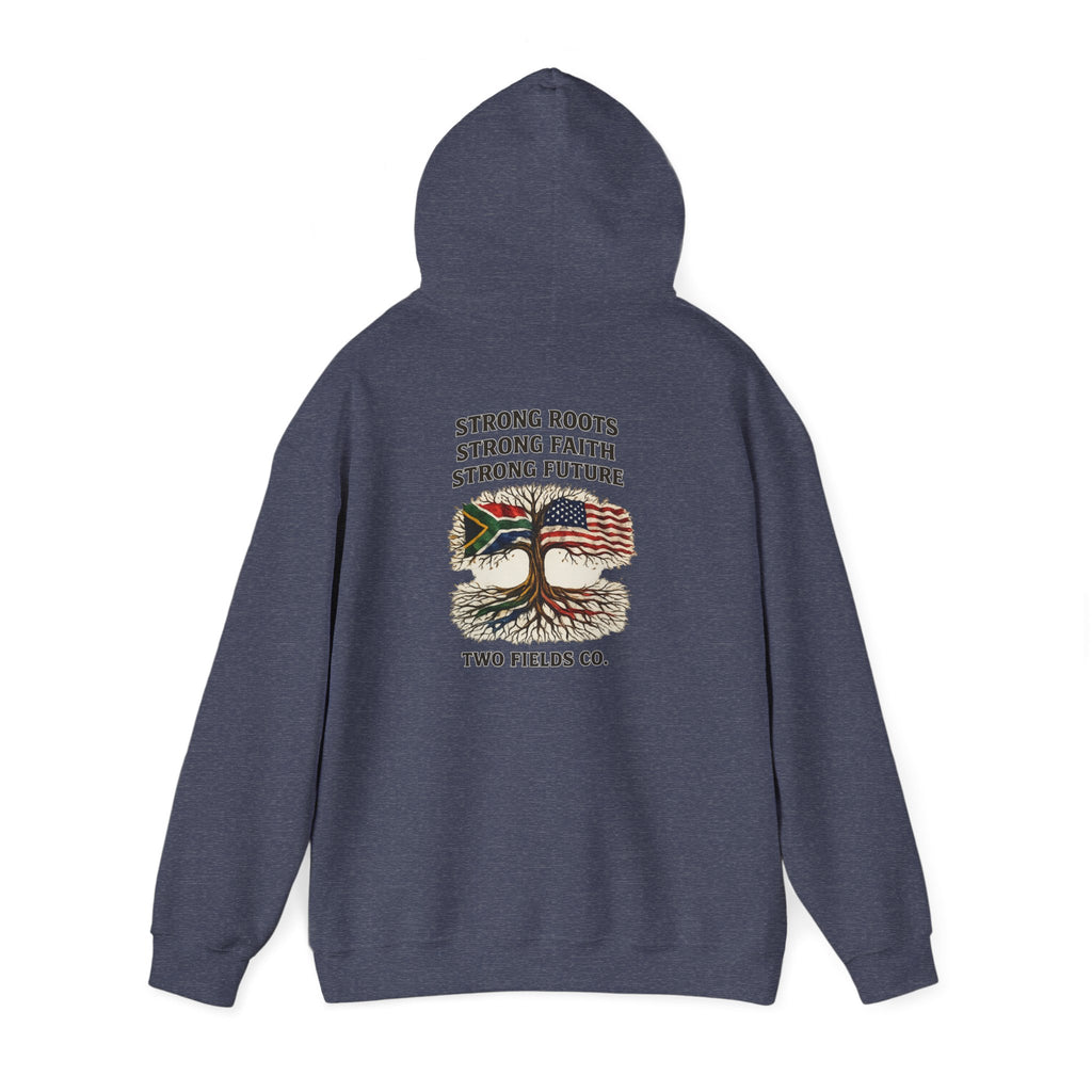 Heather navy pullover hoodie with hood, back tree graphic and long sleeves.