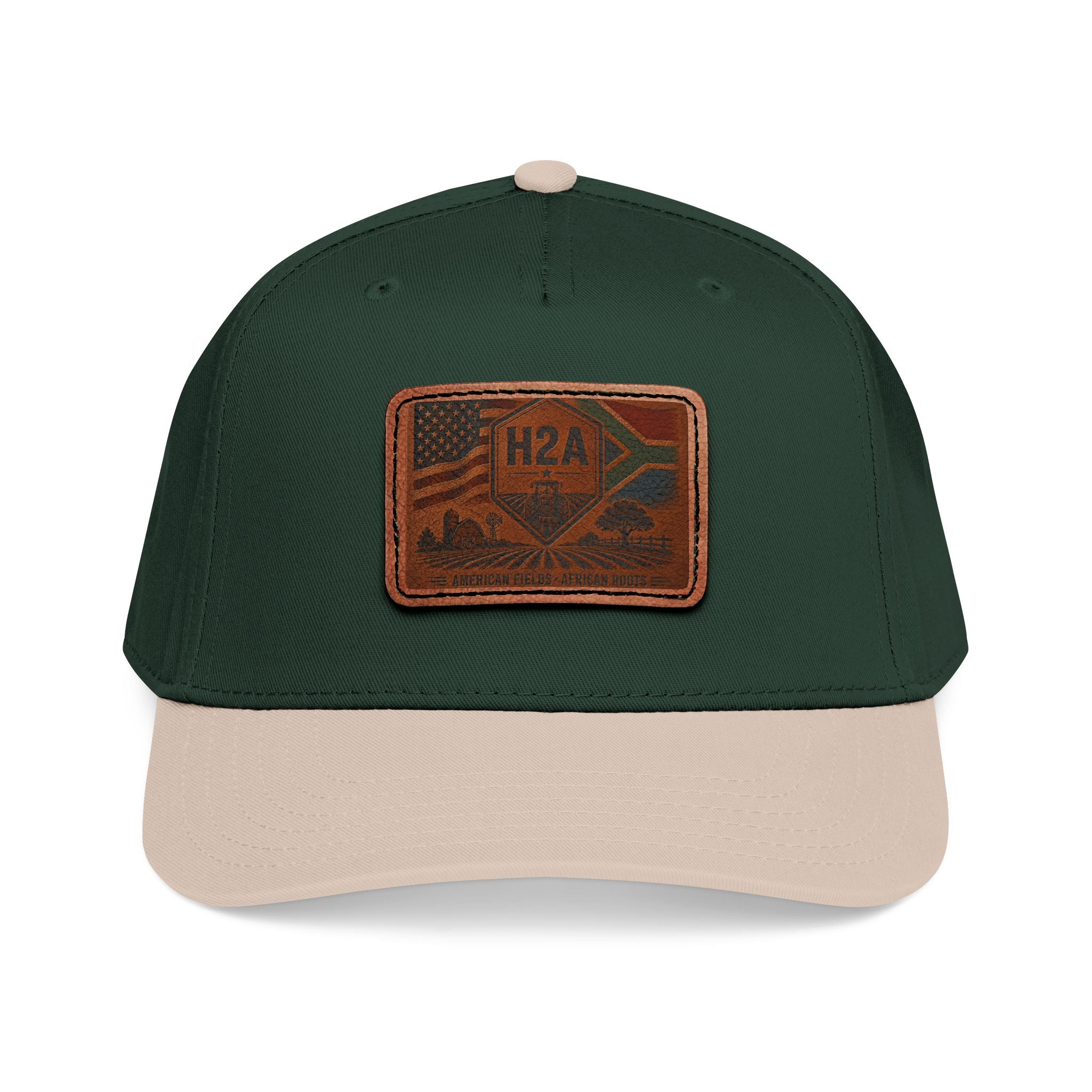 Two-tone baseball cap, dark green crown with light beige brim, rectangular H2A patch