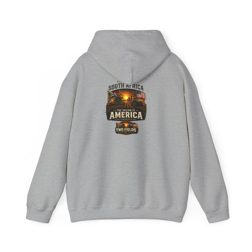 Heather grey hoodie with large back graphic and vintage “America” travel print
