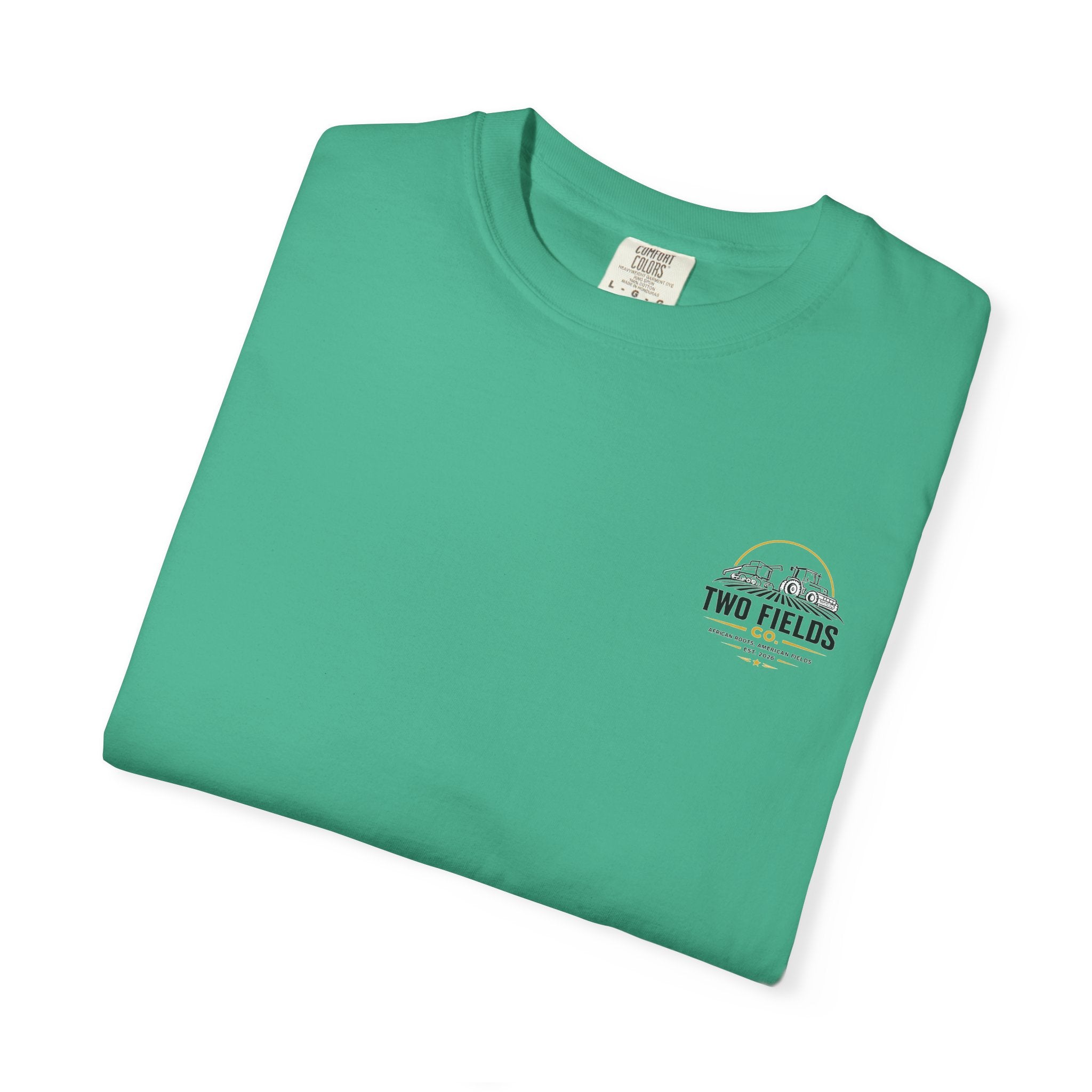 Teal crew-neck t-shirt with small “Two Fields Co.” logo on front.