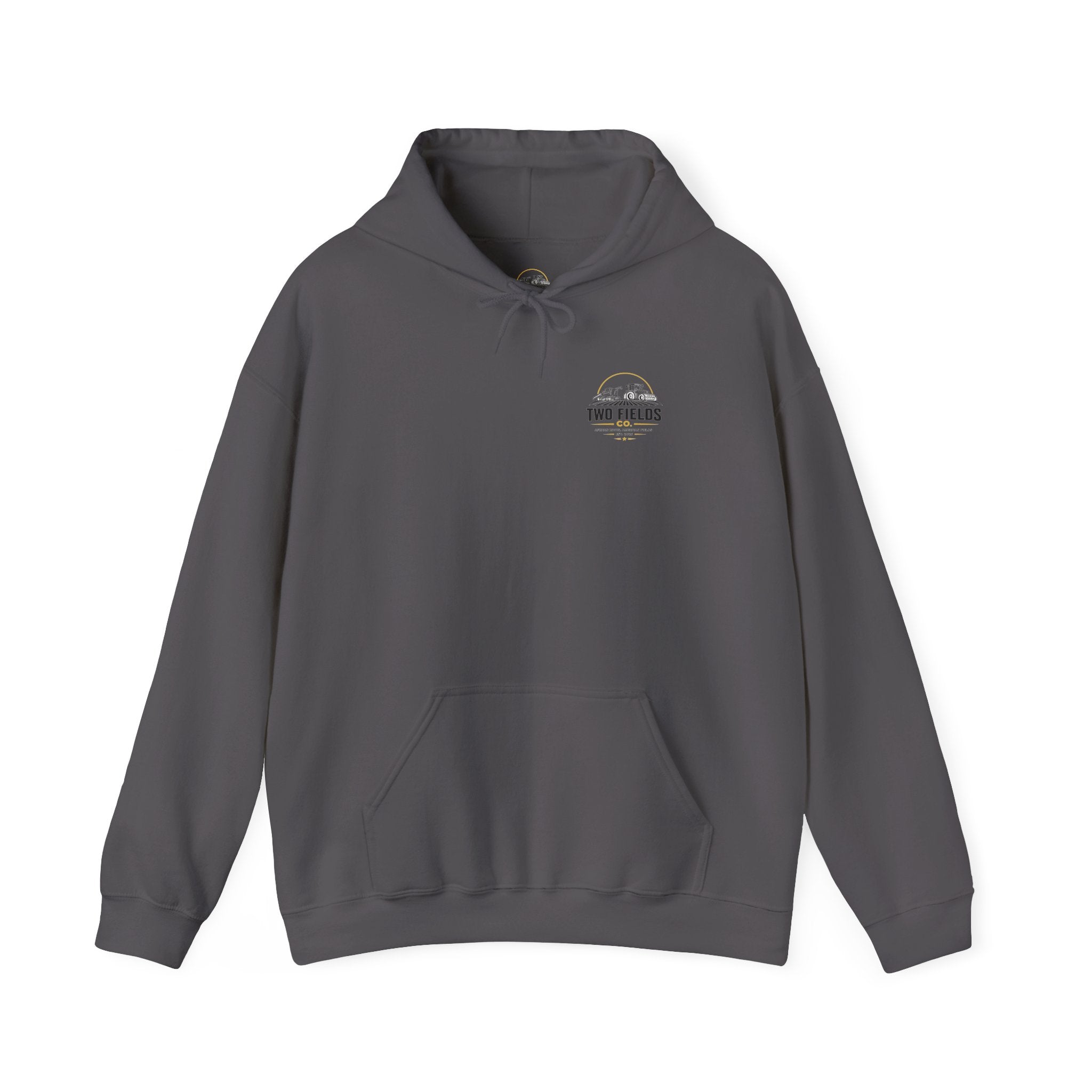Dark gray hoodie with small sunset farm graphic on chest and front pocket