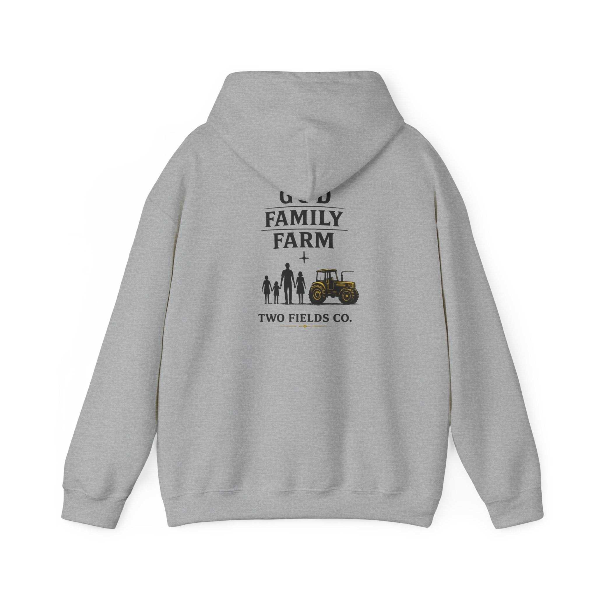 Light gray hoodie with back graphic "FAMILY FARM" plus people and tractor