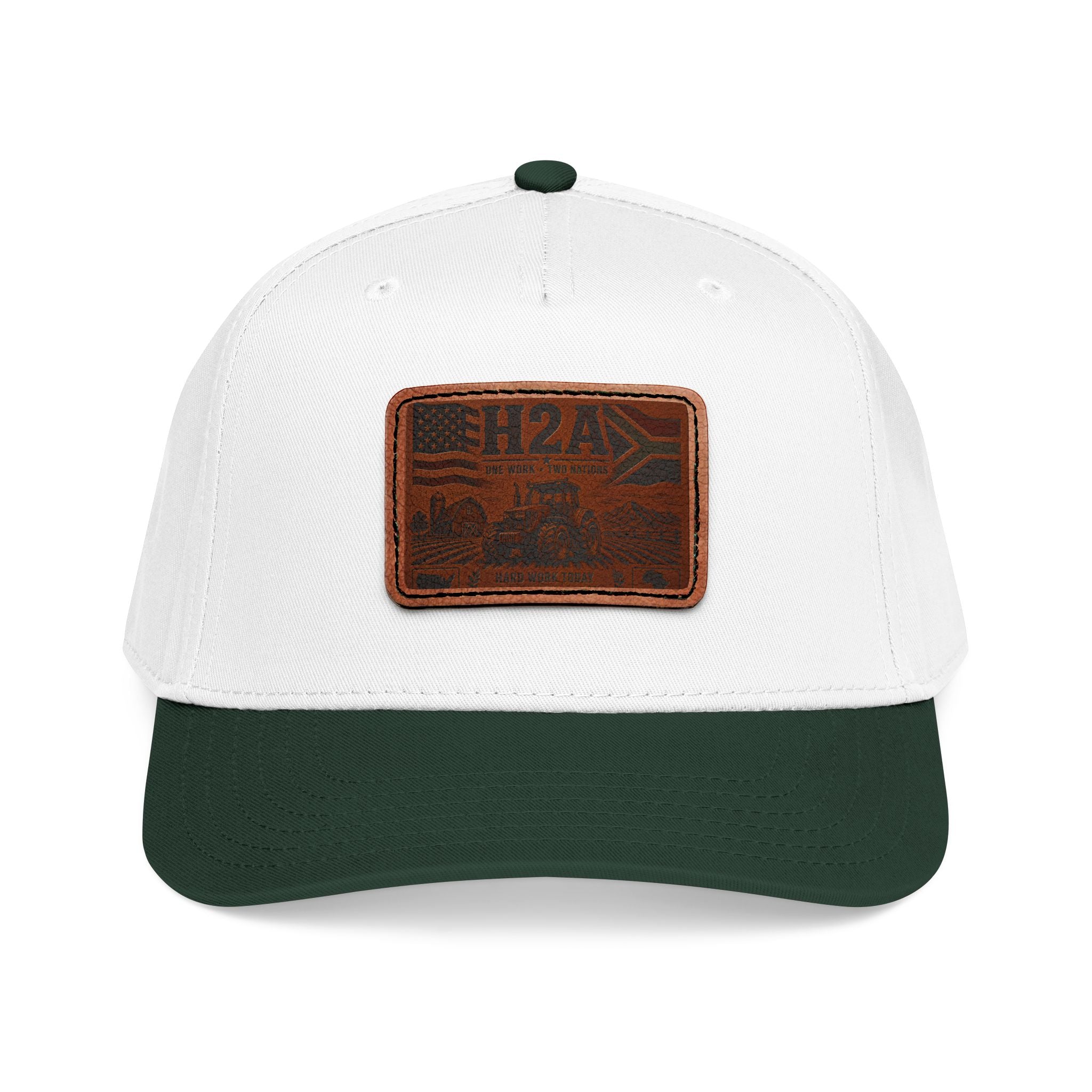 White baseball cap with rectangular H2A truck leather patch and dark green brim