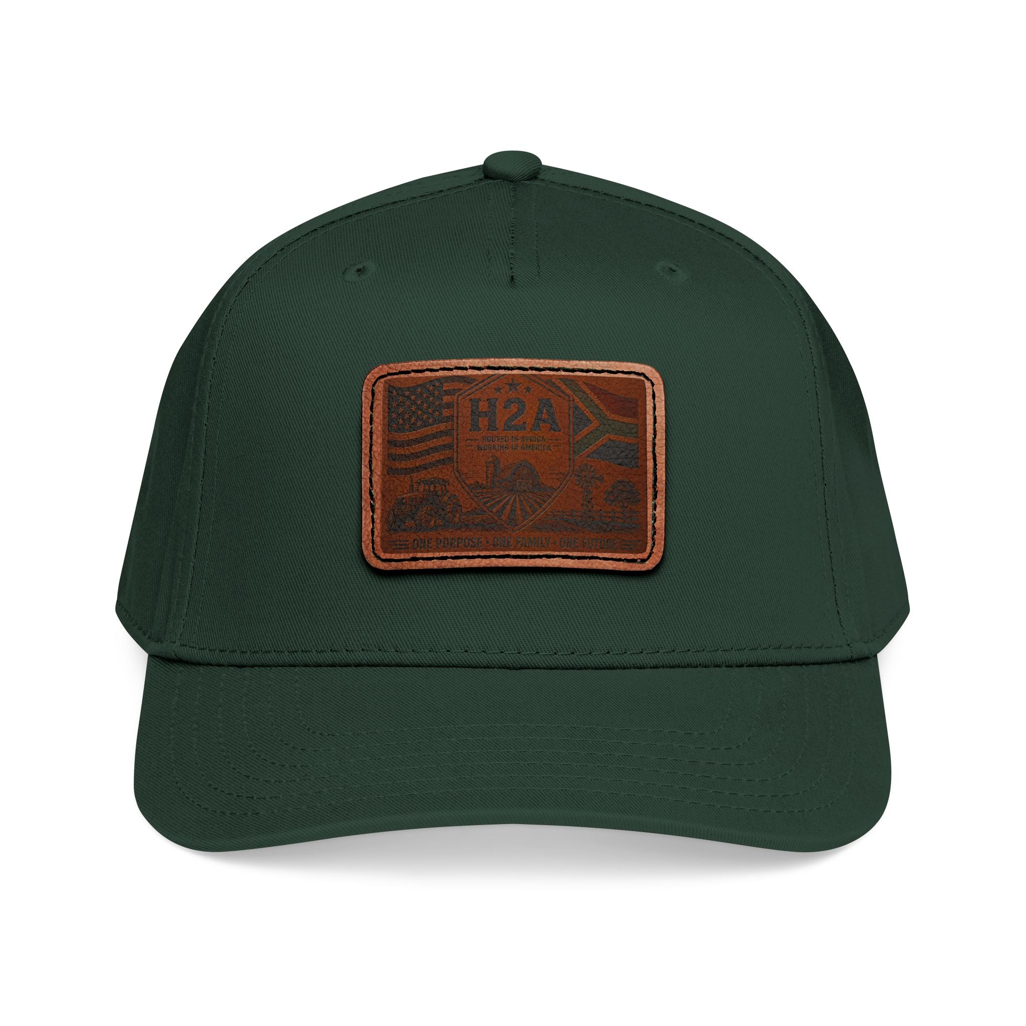 Dark green baseball cap with rectangular brown H2A flag leather patch on front