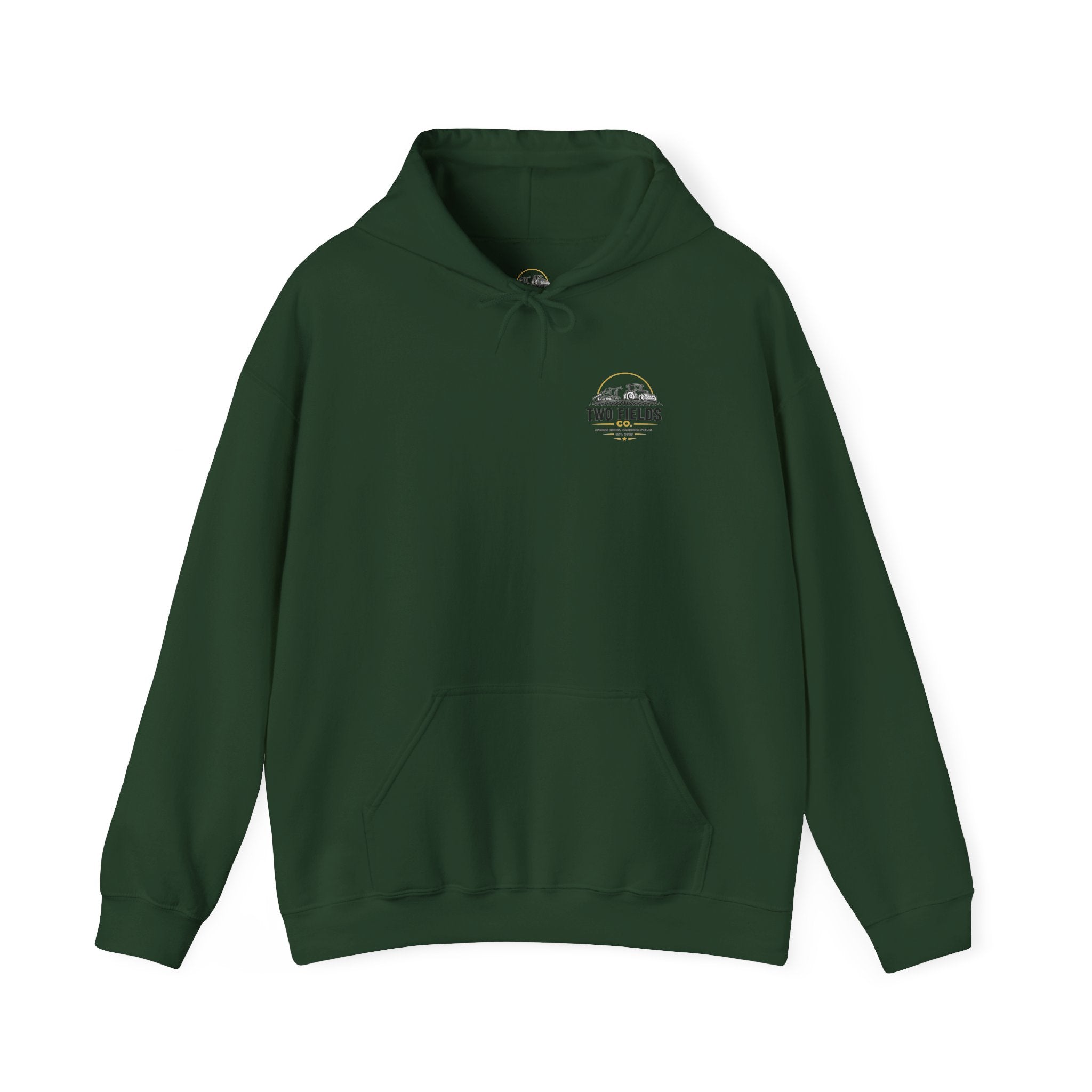 Deep green hoodie with small sunset farm graphic on chest and front pocket