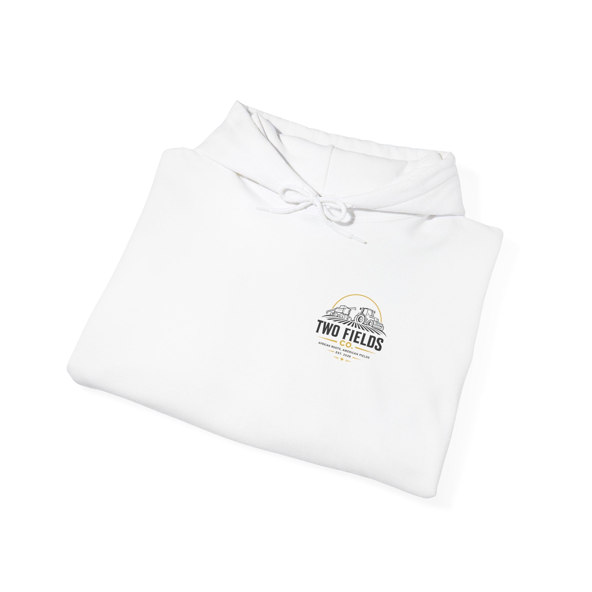Folded white hoodie with hood and small Two Fields chest logo.