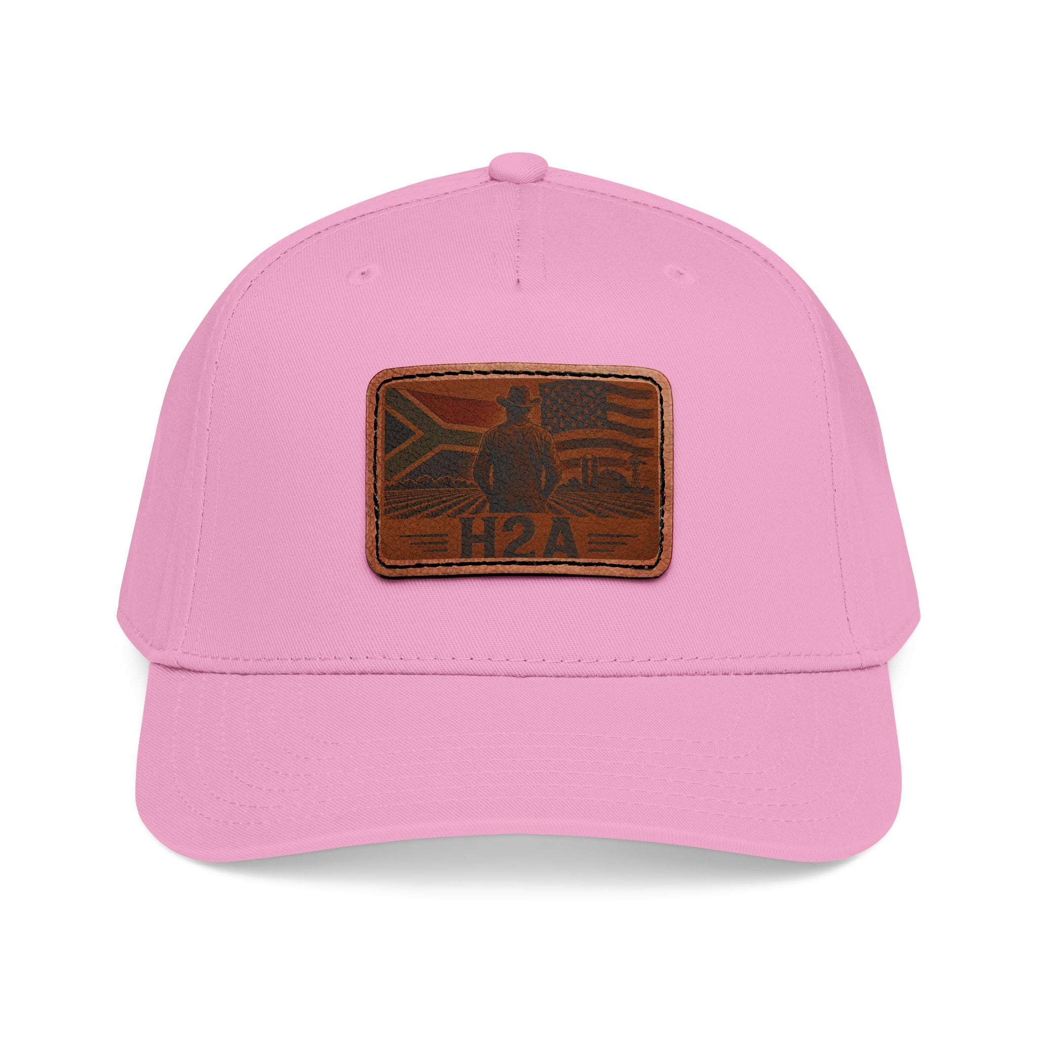Pink baseball cap with rectangular H2A leather patch on the front.