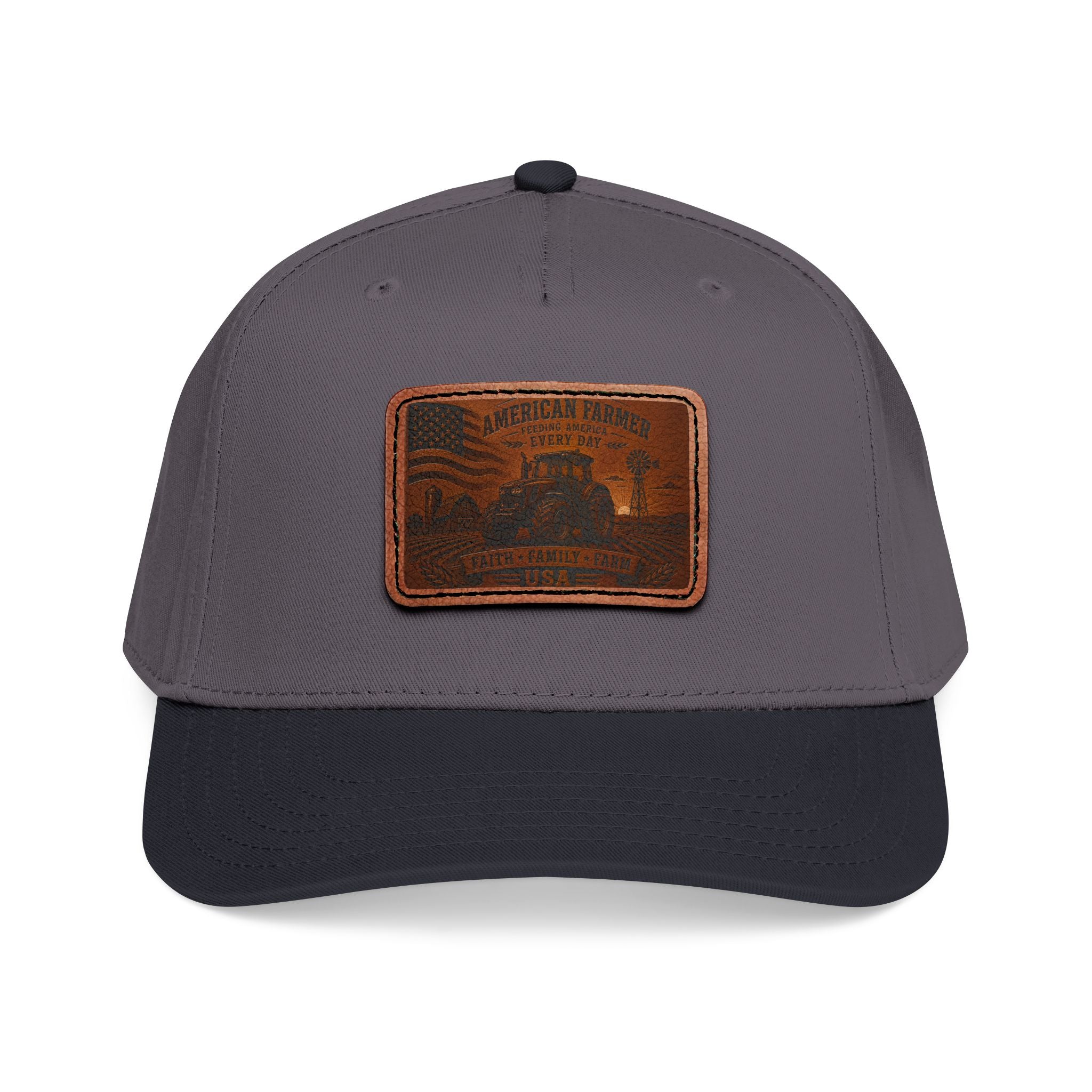 Leather patch baseball cap with dark gray crown, navy brim, and stitched leather badge.