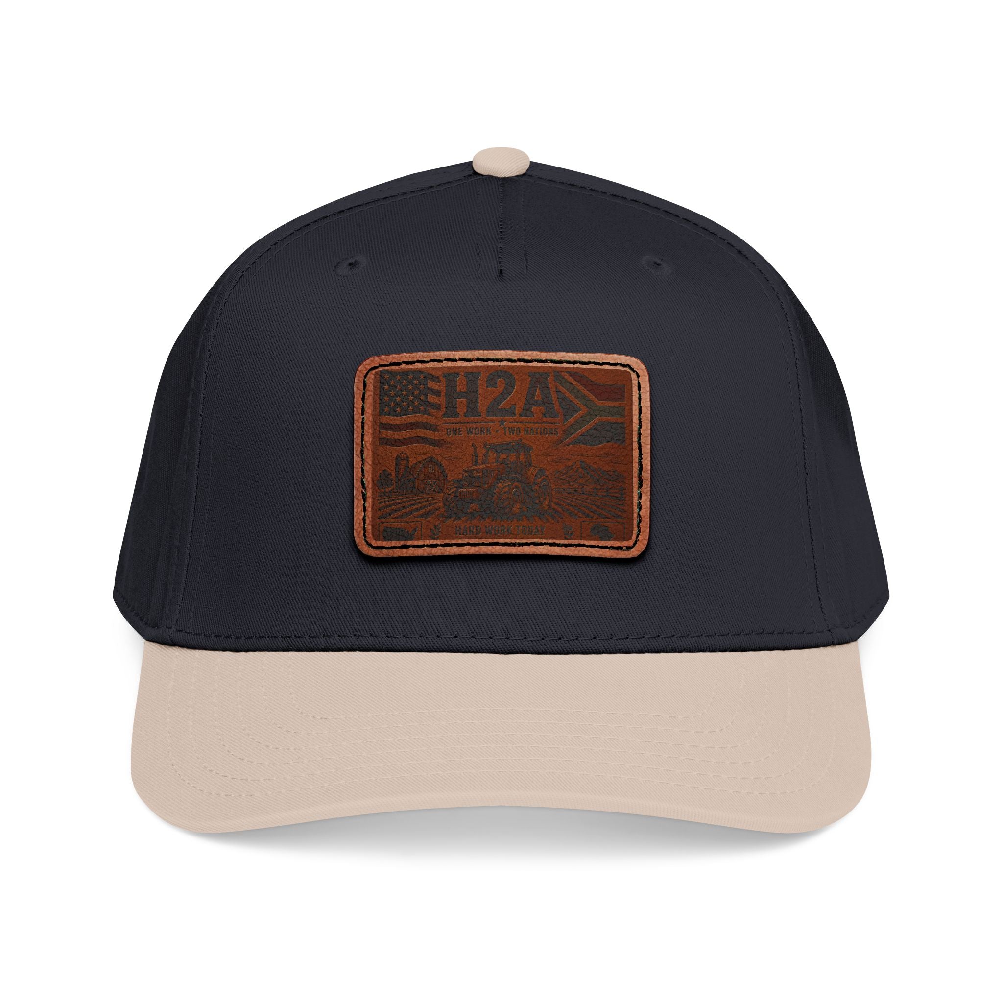 Navy-and-beige baseball cap with rectangular H2A truck leather patch and beige brim