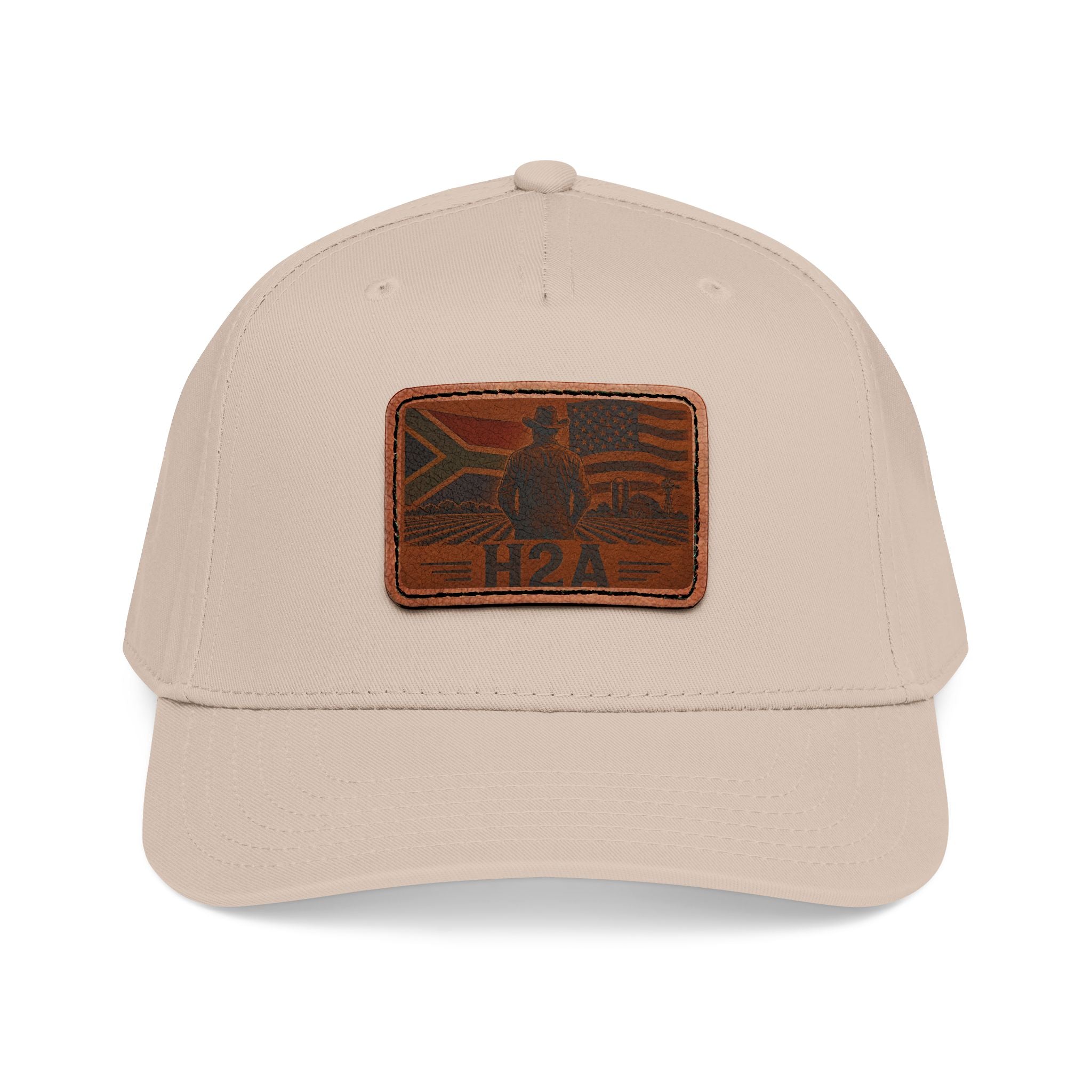 Leather patch baseball cap in light cream with rectangular H2A logo patch