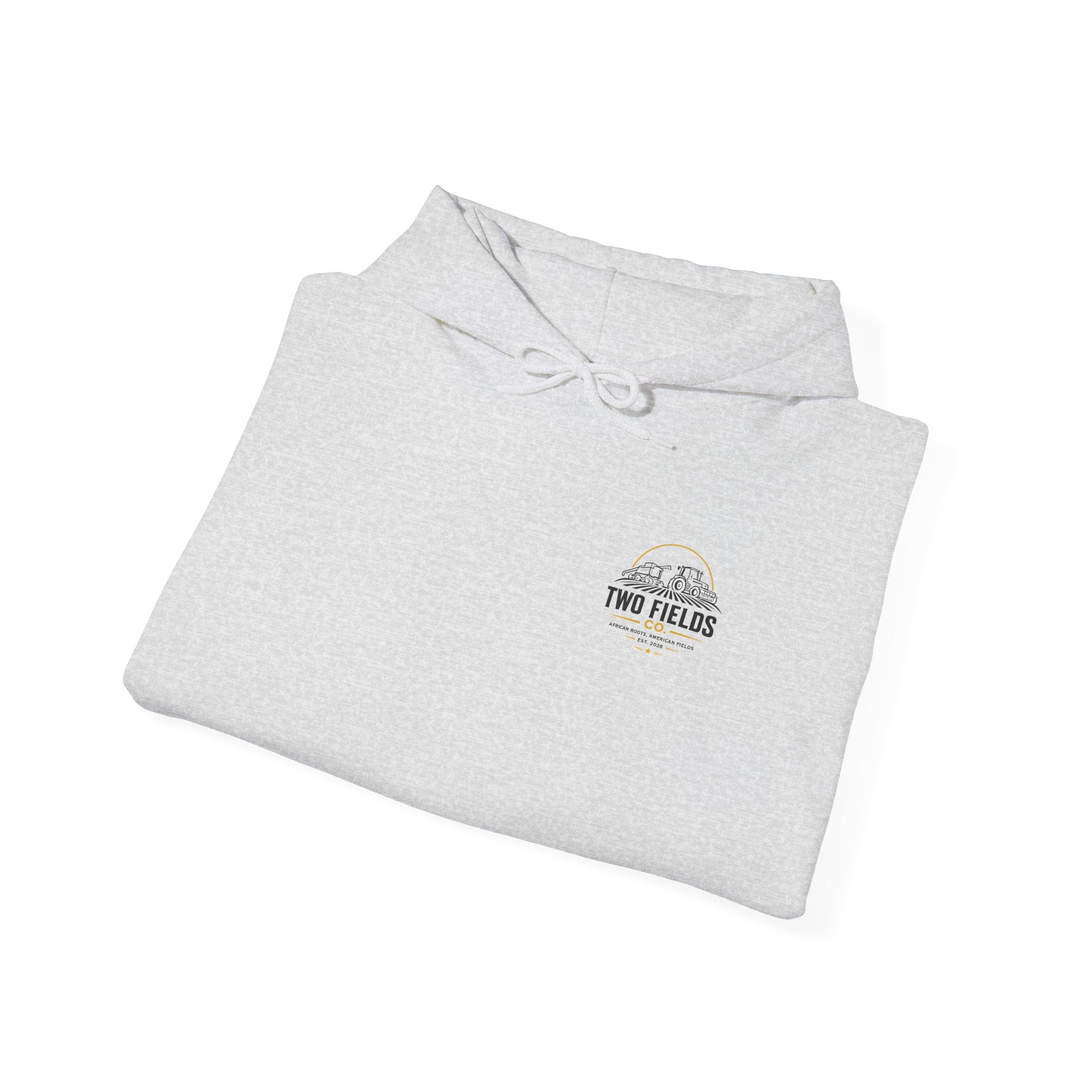 Folded light grey hoodie with hood string and small chest logo patch