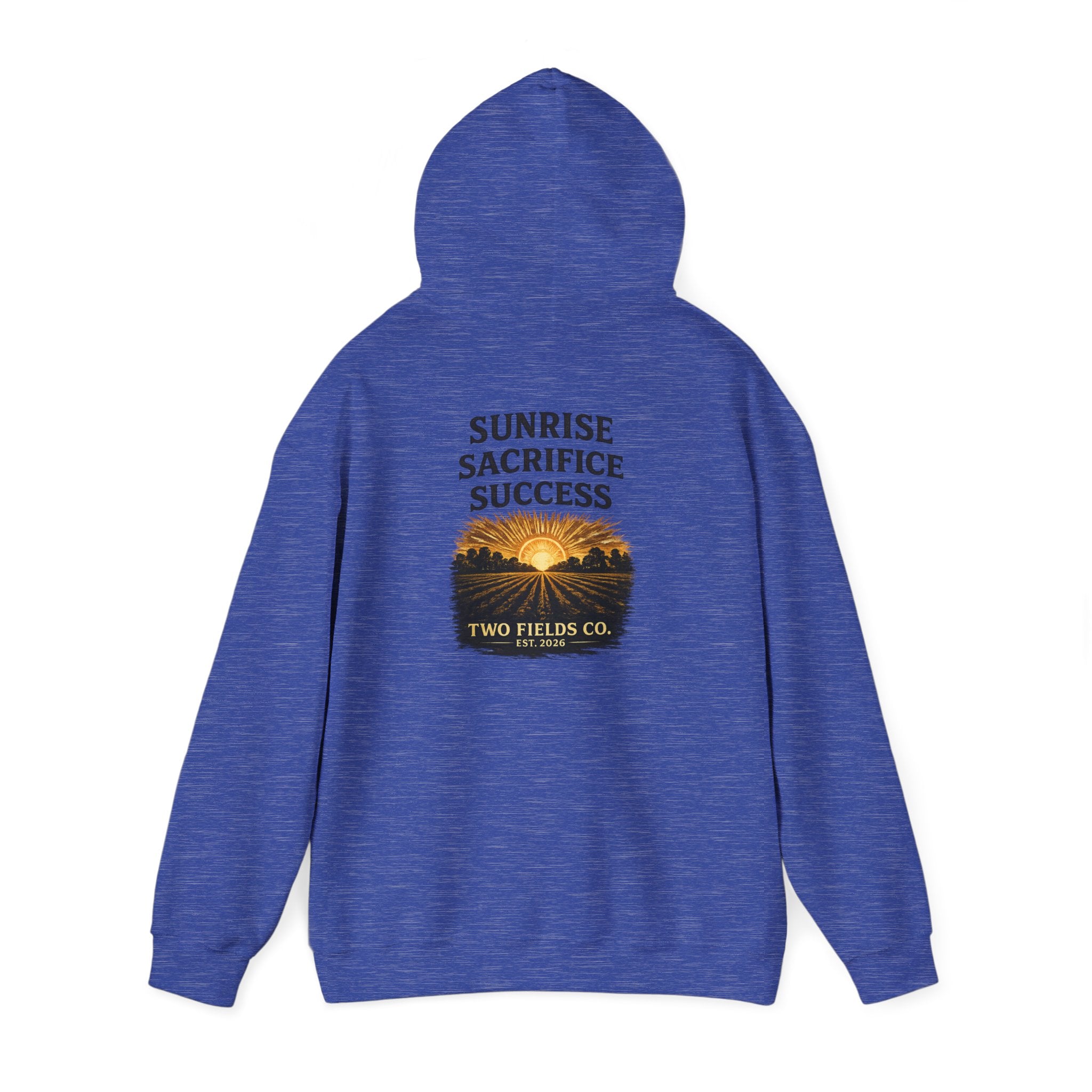 Royal blue heather hooded sweatshirt with “Sunrise Sacrifice Success” back graphic and logo
