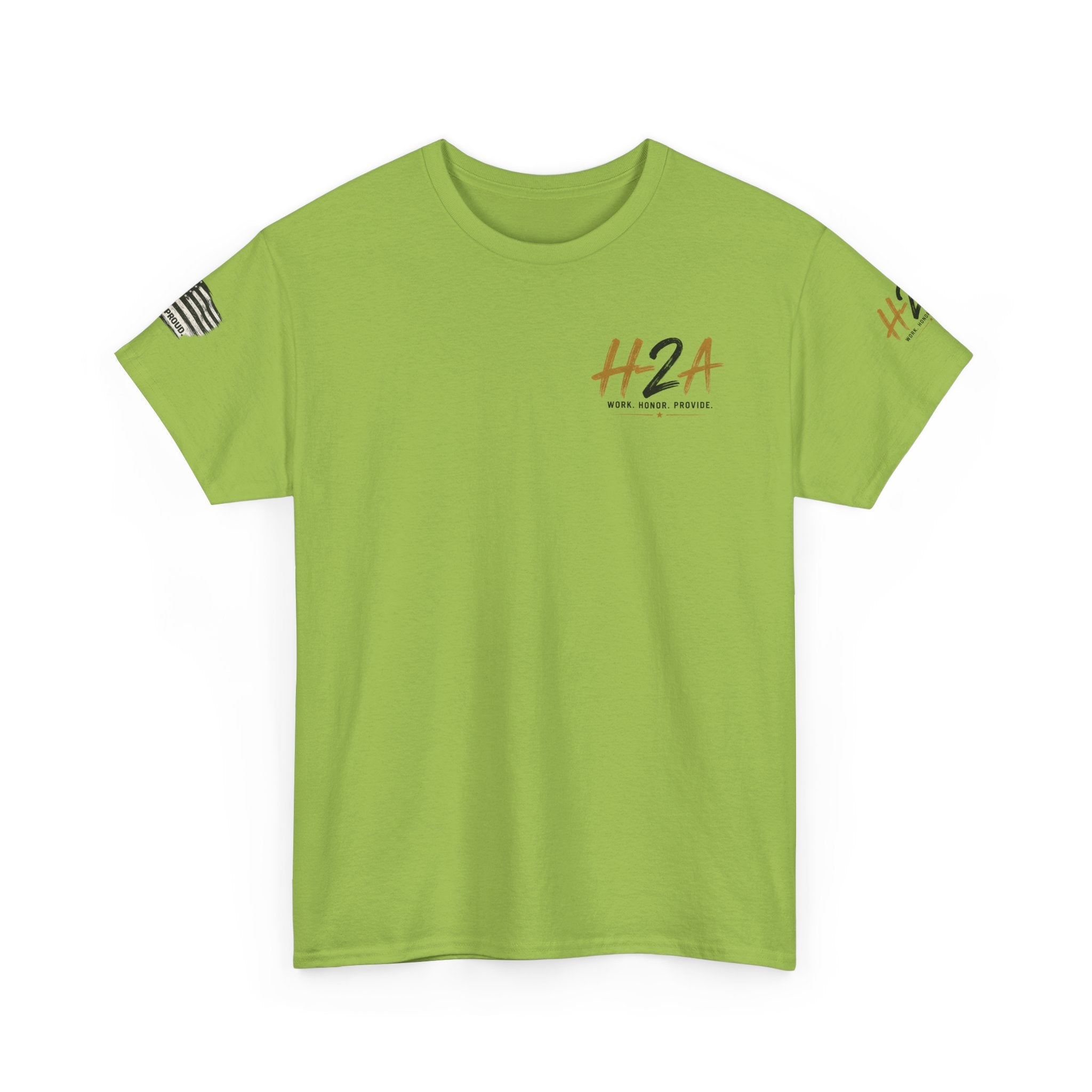 Lime green crew-neck t-shirt with small H2A logo on the chest