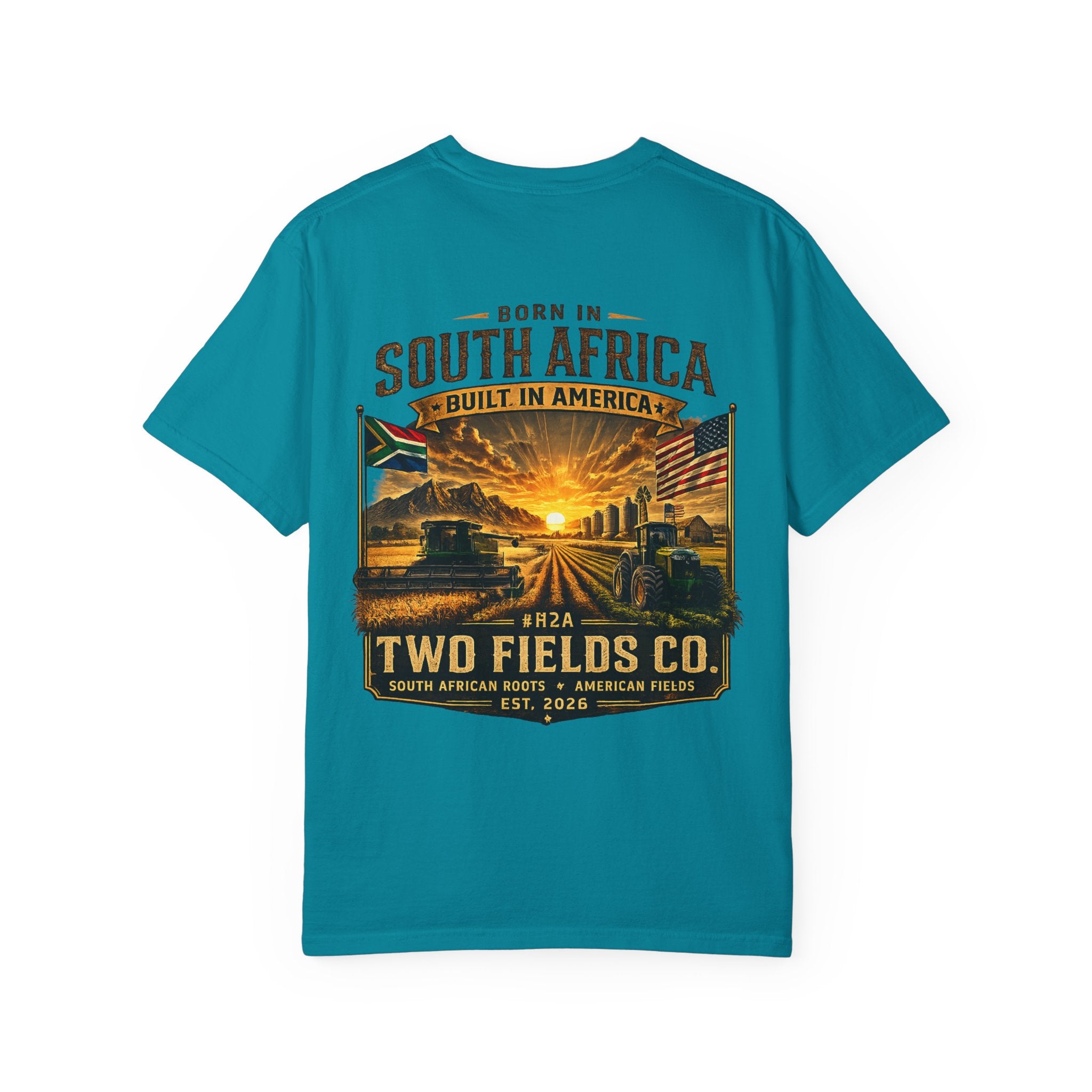 Teal crew-neck graphic t-shirt with large South Africa road scene front print.