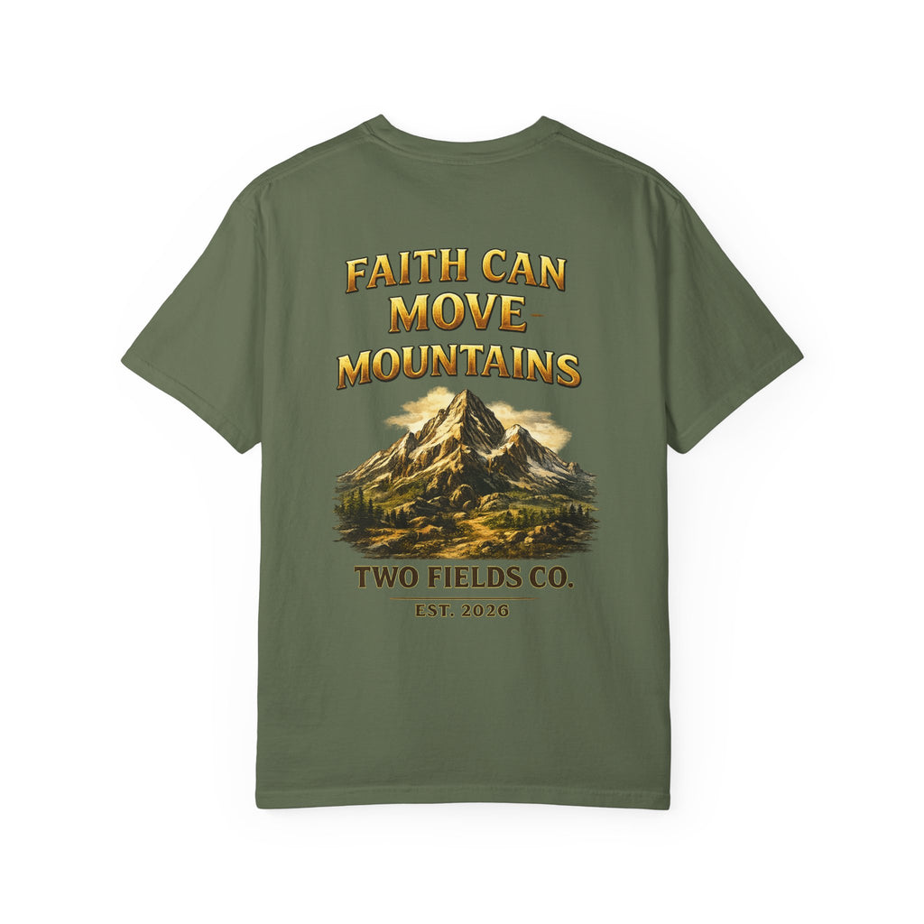 Green mountain graphic T-shirt with front slogan and Two Fields logo