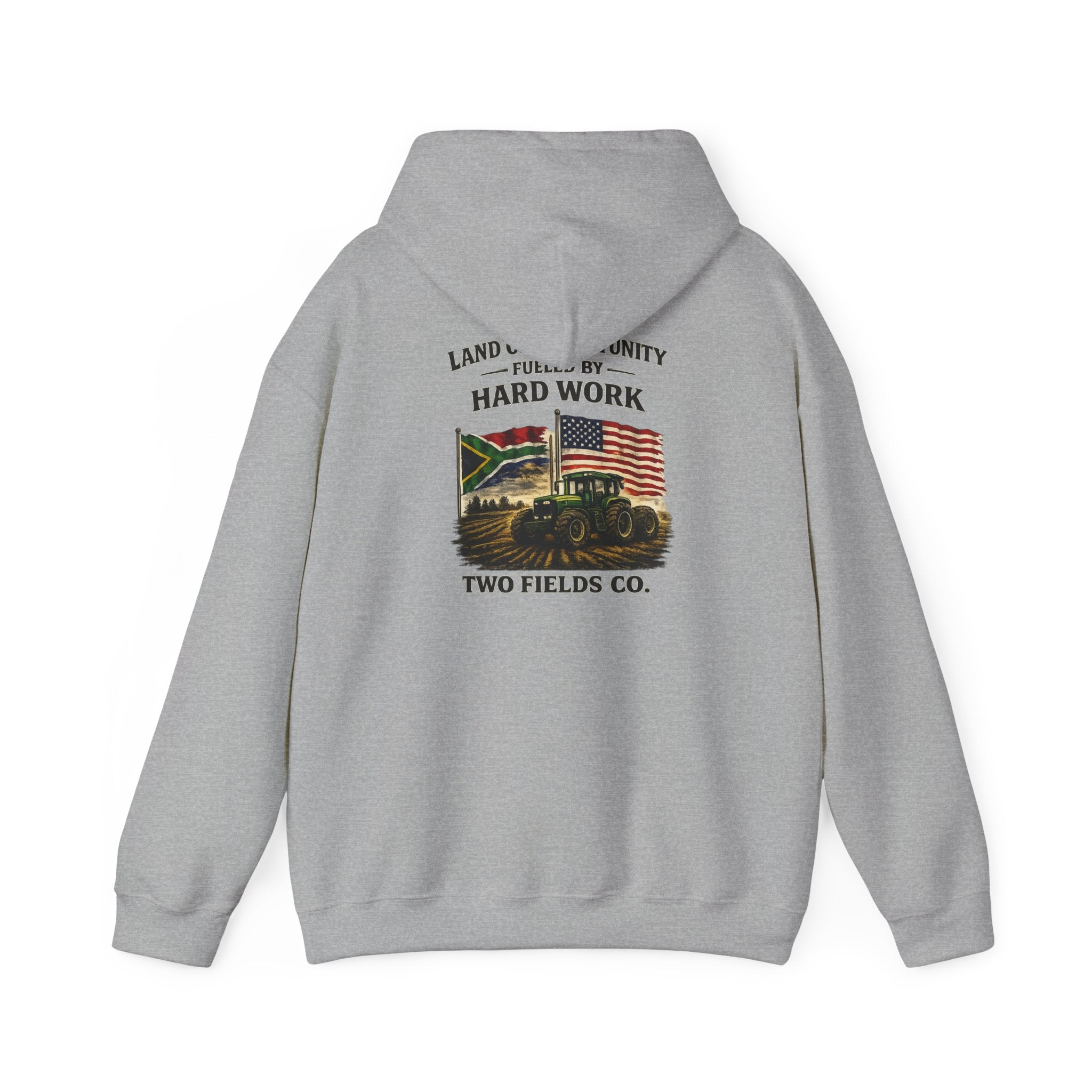 Light gray hoodie with front tractor graphic, “Hard Work” text, and “Two Fields Co.”