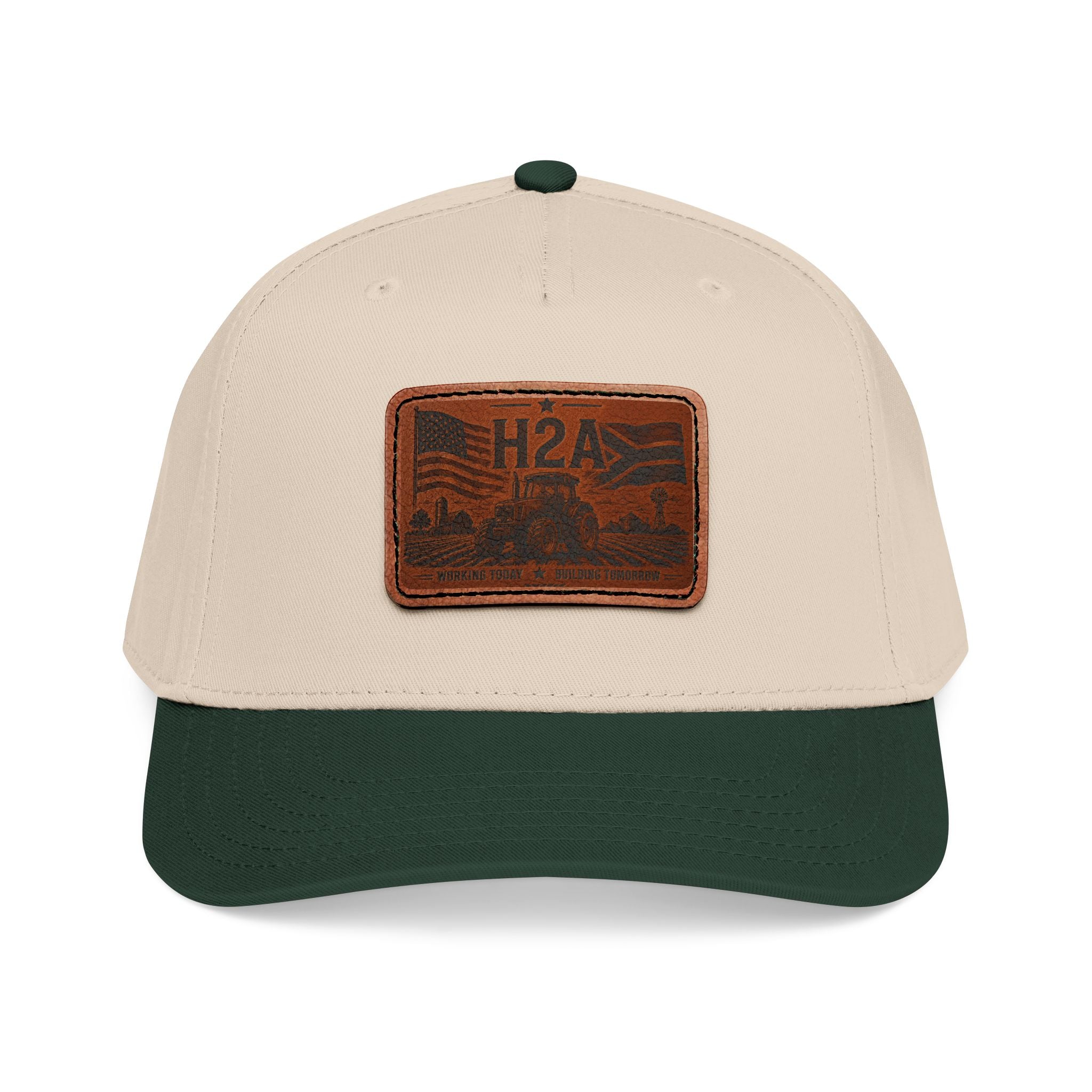 Leather patch baseball cap, beige crown and dark green brim with rectangle H2A patch