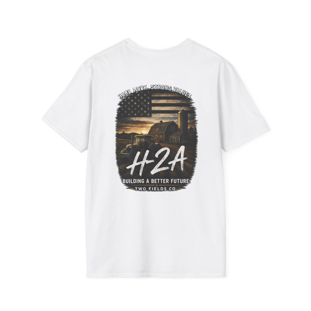 Unisex softstyle t-shirt in white with large back graphic logo print