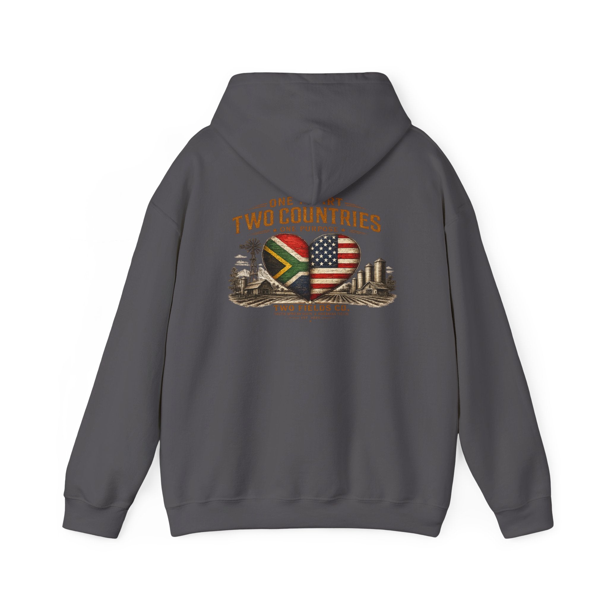 Charcoal gray pullover hoodie with hood and heart-and-flag graphic on back