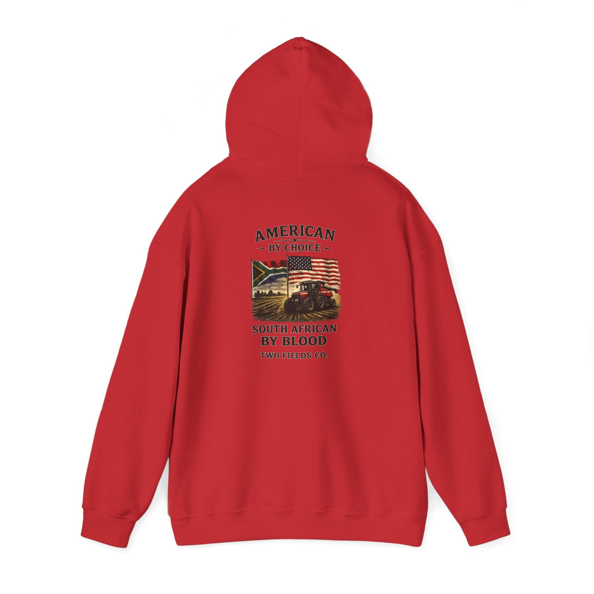 Red graphic hoodie with hood and drawstrings, front pouch pocket, chest print