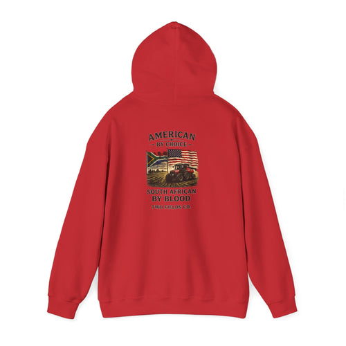 Red graphic hoodie with hood and drawstrings, front pouch pocket, chest print