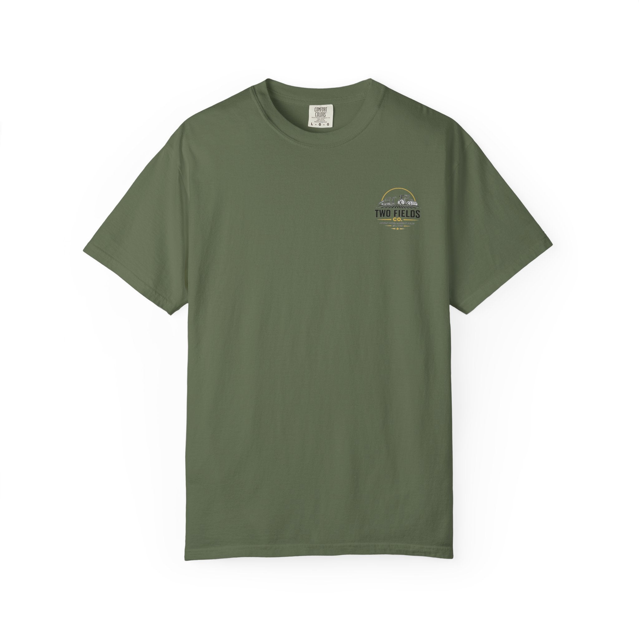 Olive green graphic T-shirt with small chest logo print