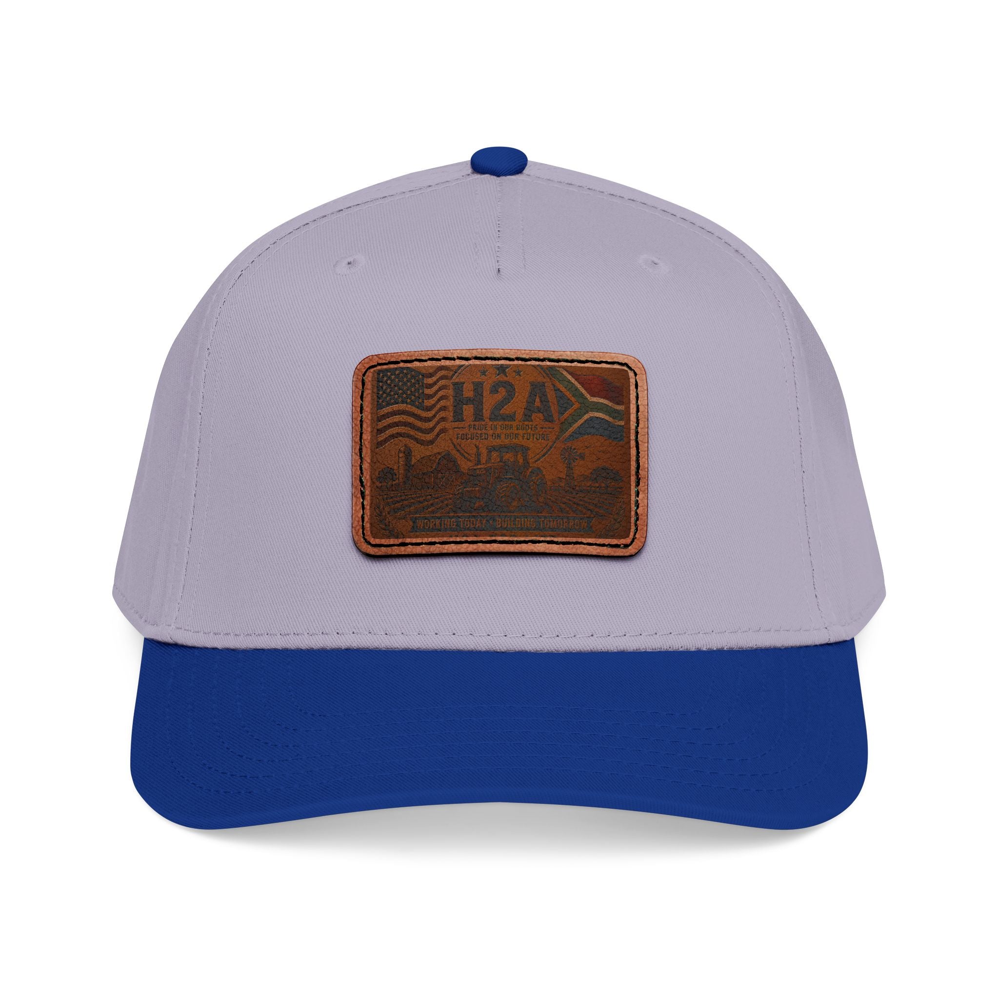 Leather patch baseball cap, light gray and blue with rectangular H2A truck patch on front