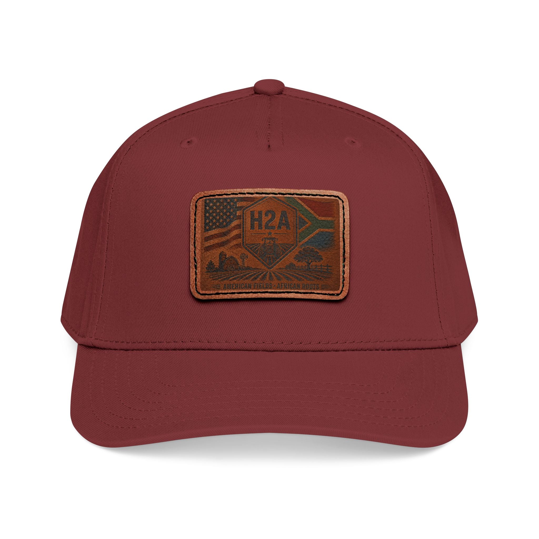 Maroon leather-patch baseball cap with rectangle H2A flag design