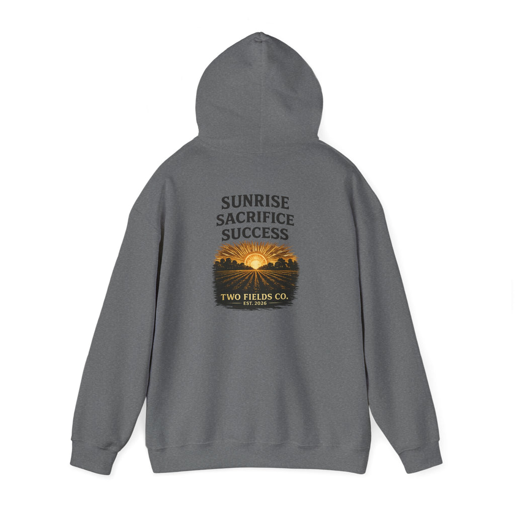 Dark gray hooded sweatshirt with “Sunrise Sacrifice Success” back graphic and logo