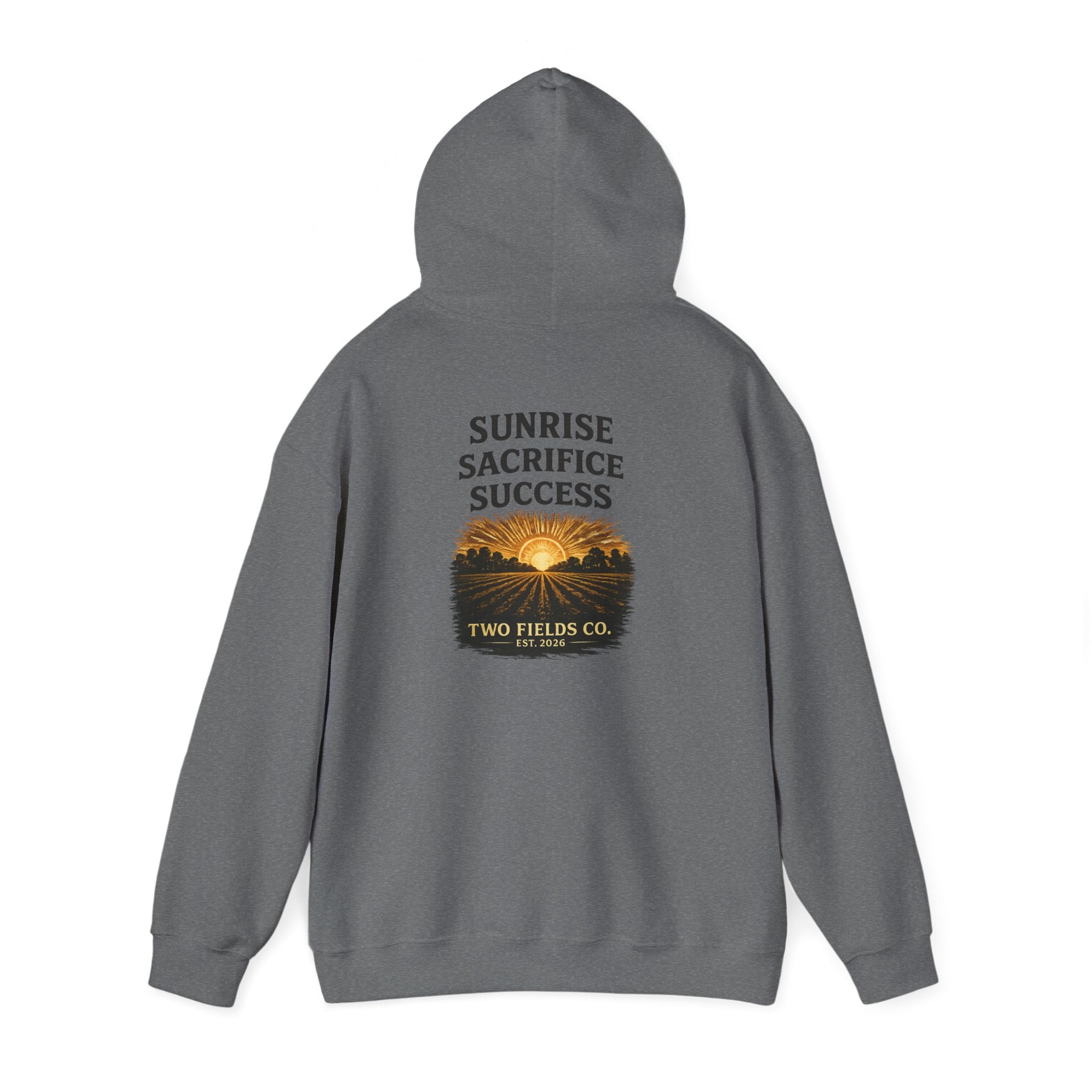 Dark gray hooded sweatshirt with “Sunrise Sacrifice Success” back graphic and logo