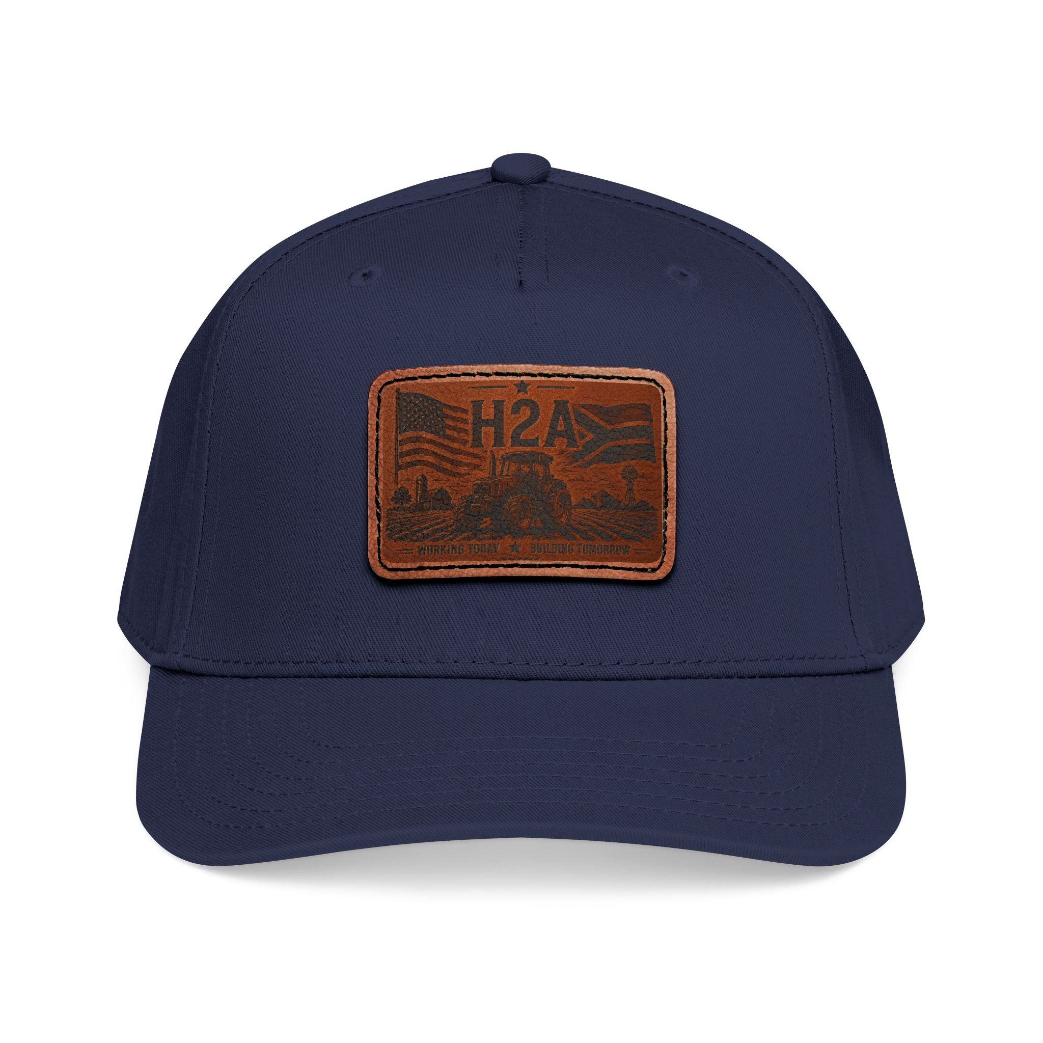 Baseball cap with rectangle H2A leather patch; dark navy crown and brim with matching button.