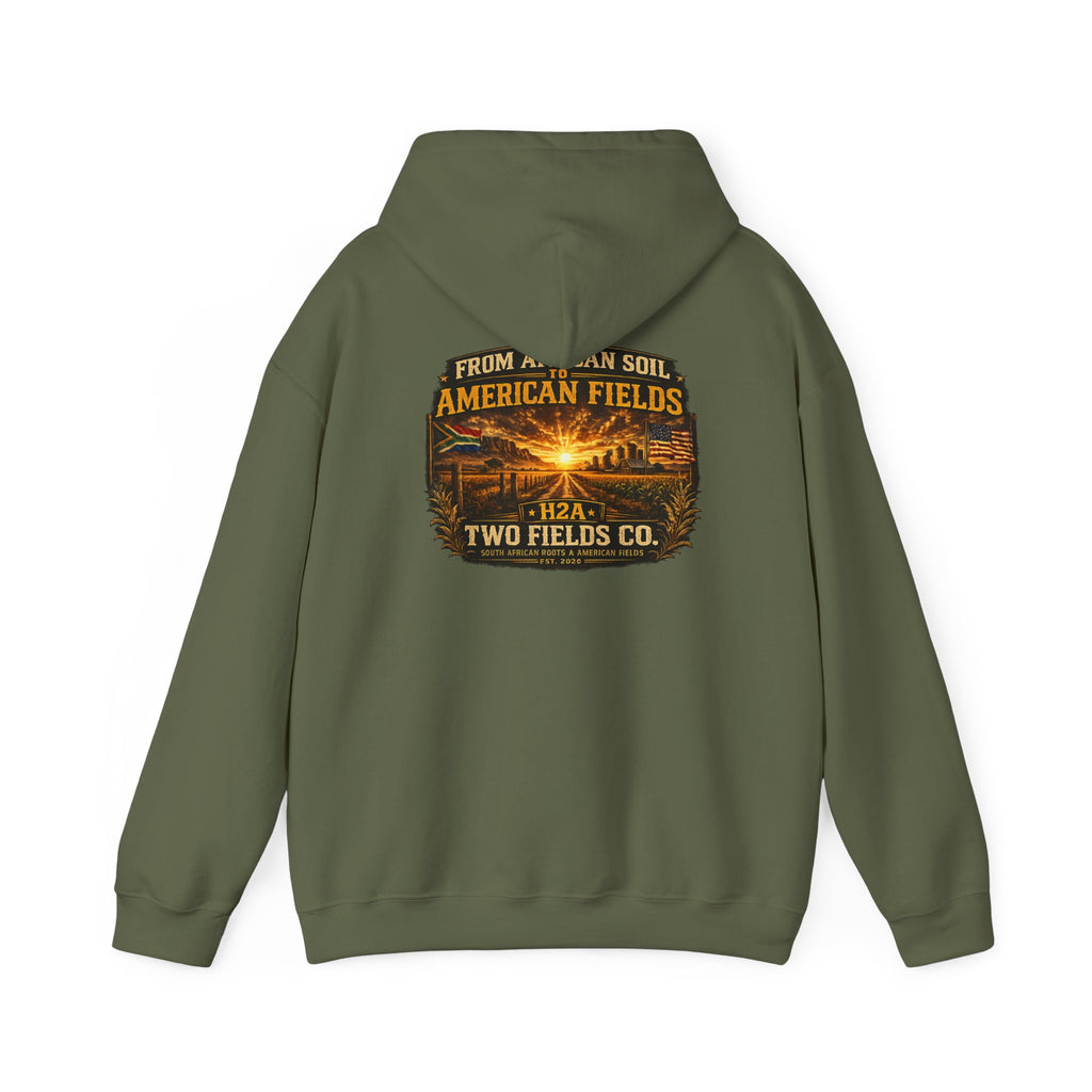Dark green pullover hoodie with vintage logo graphic on the front