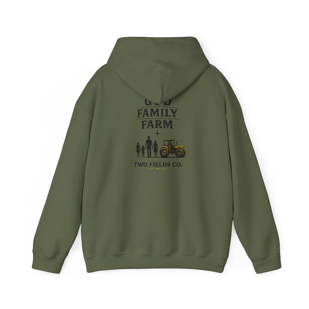 Olive green family farm hoodie with back graphic showing family and tractor
