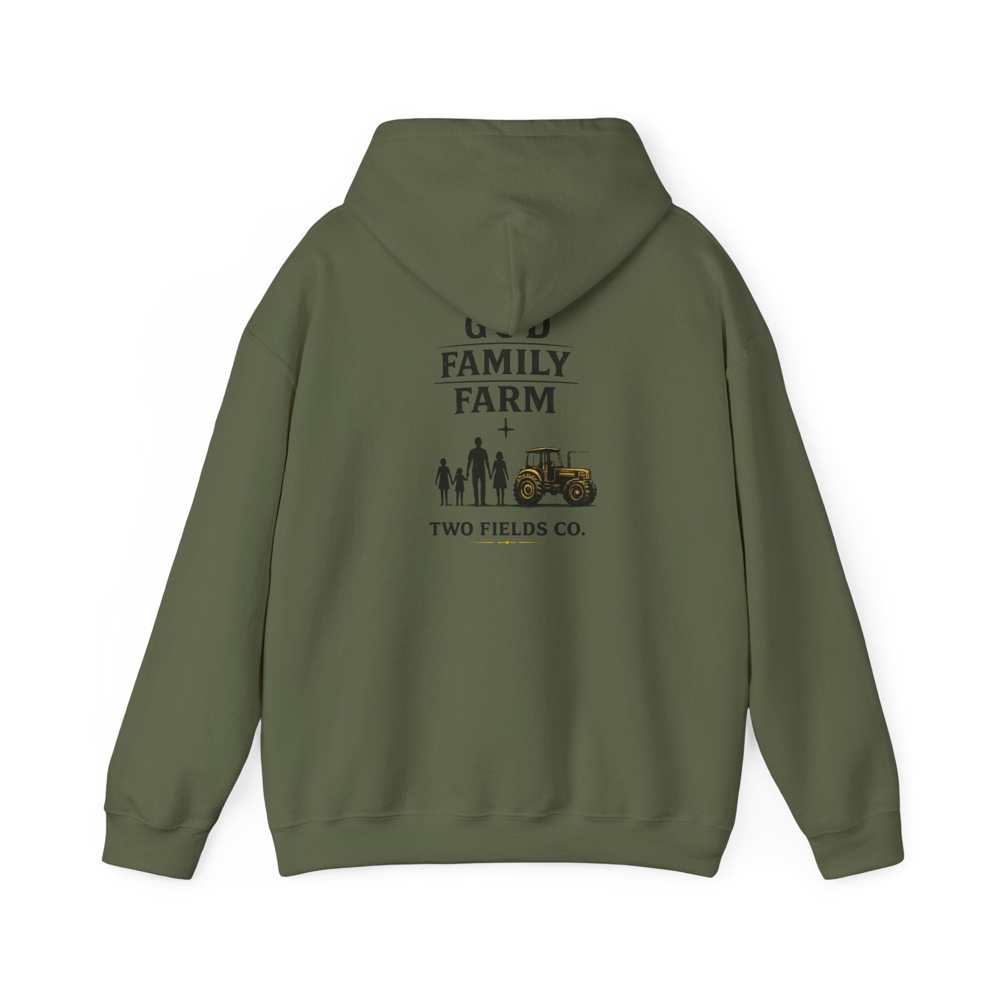 Olive green family farm hoodie with back graphic showing family and tractor