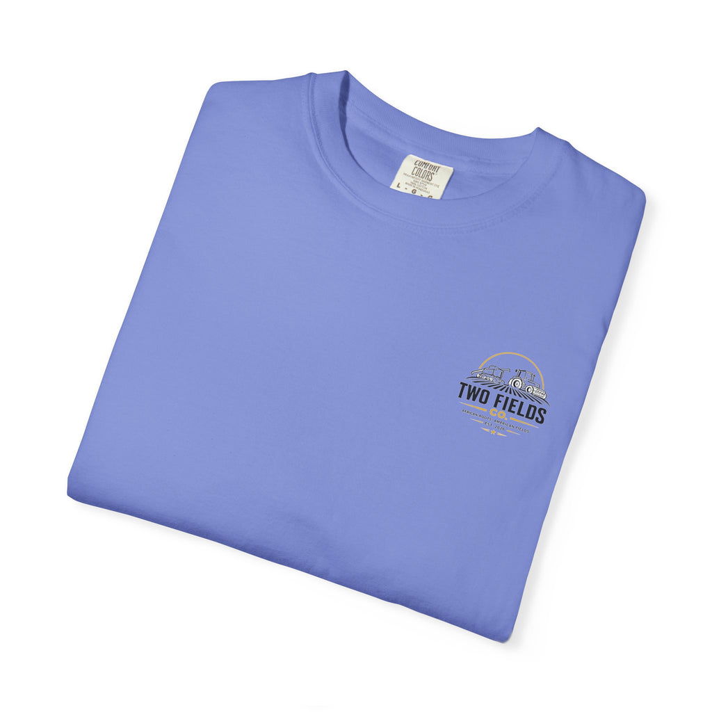 Light blue laid-flat crewneck T-shirt with small Two Fields logo on chest