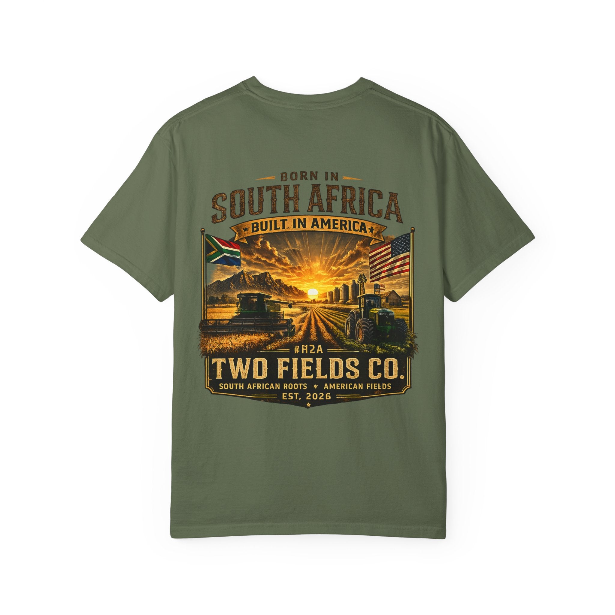 Olive green graphic T-shirt with large South Africa city scene print