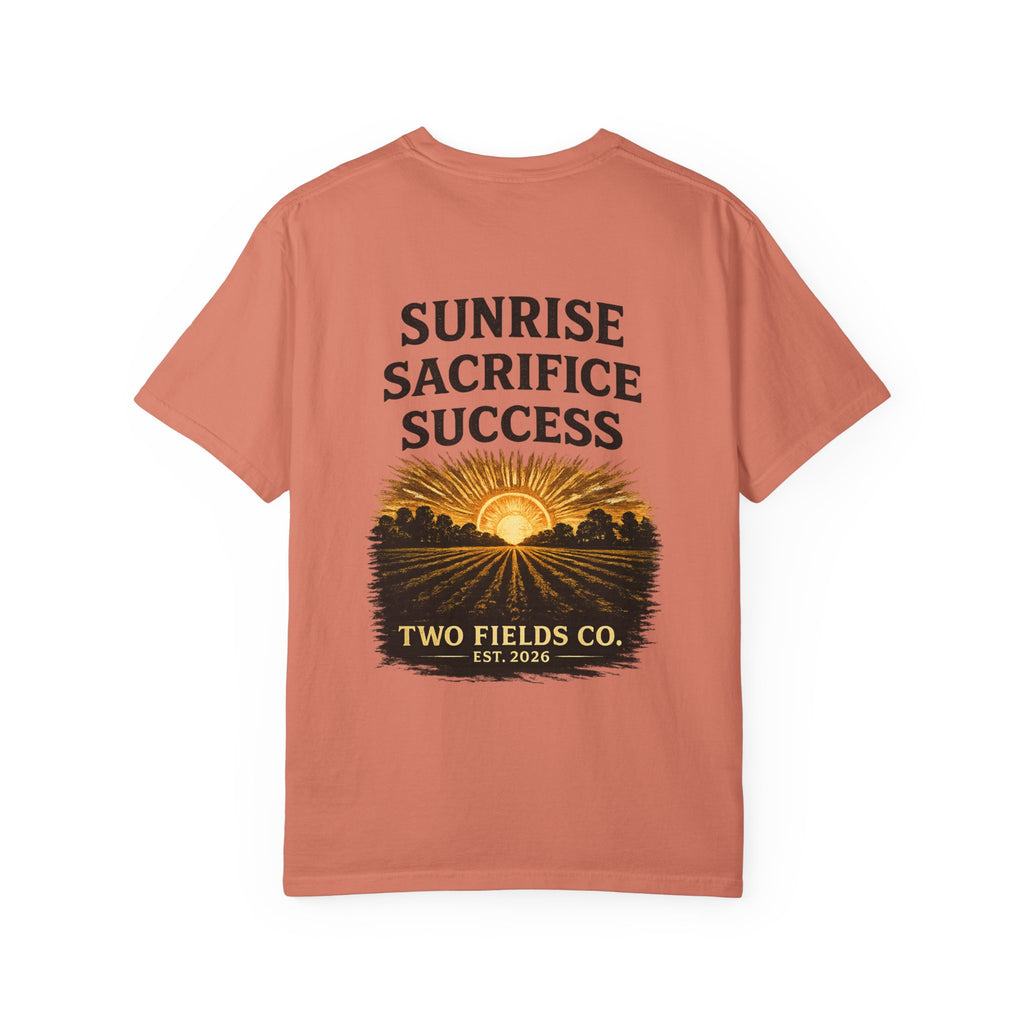 Rust crewneck graphic T-shirt with “SUNRISE SACRIFICE SUCCESS” front print