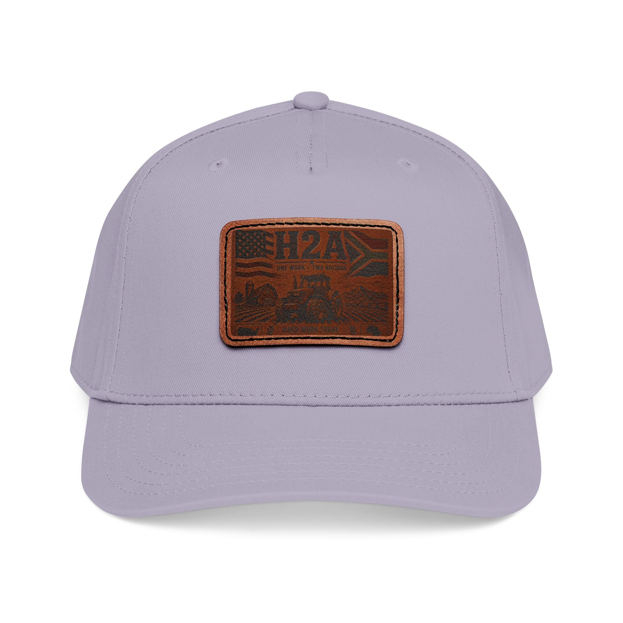 Baseball cap with rectangular H2A leather truck patch; light gray crown with light gray brim.