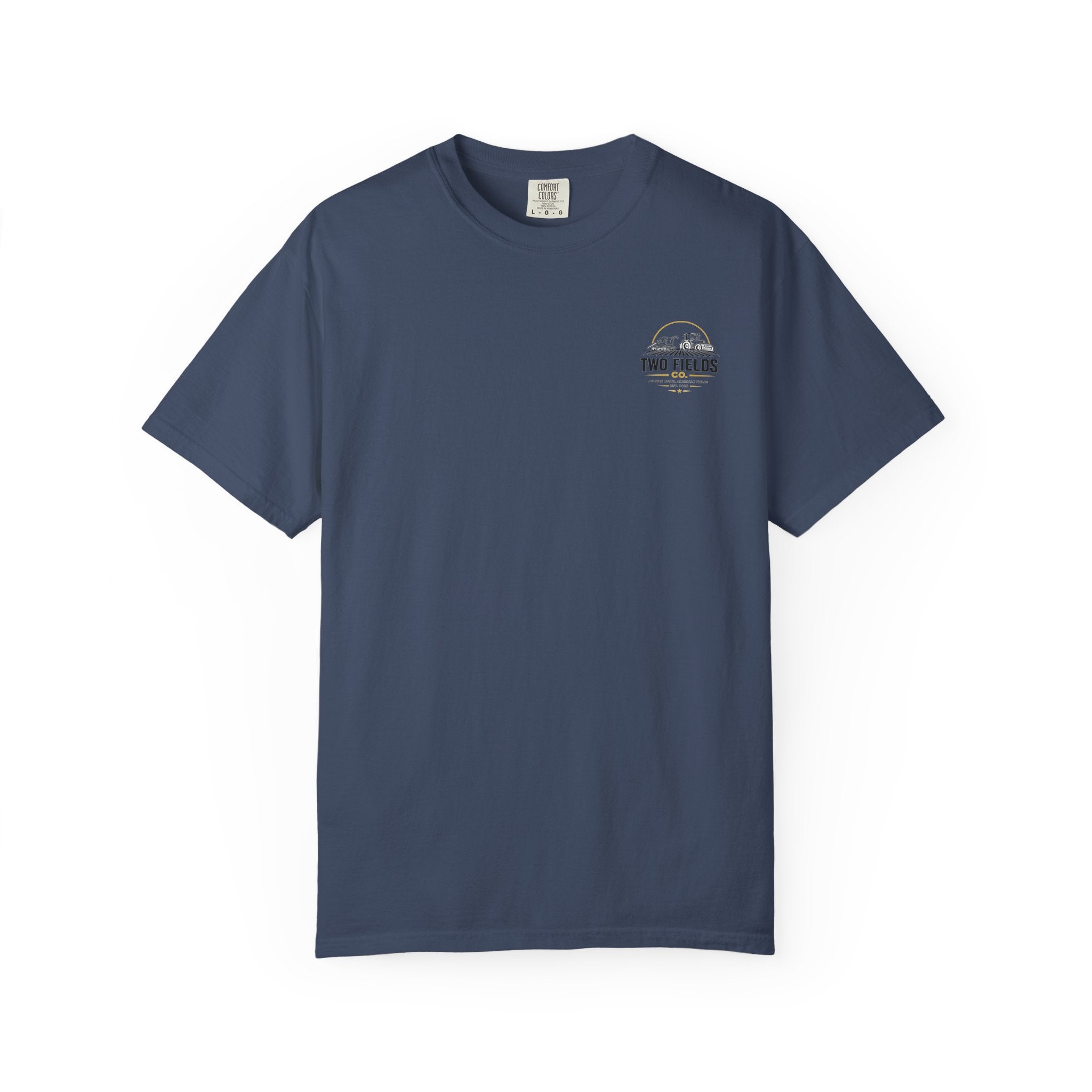 Navy T-shirt with small Two Fields logo graphic on left chest